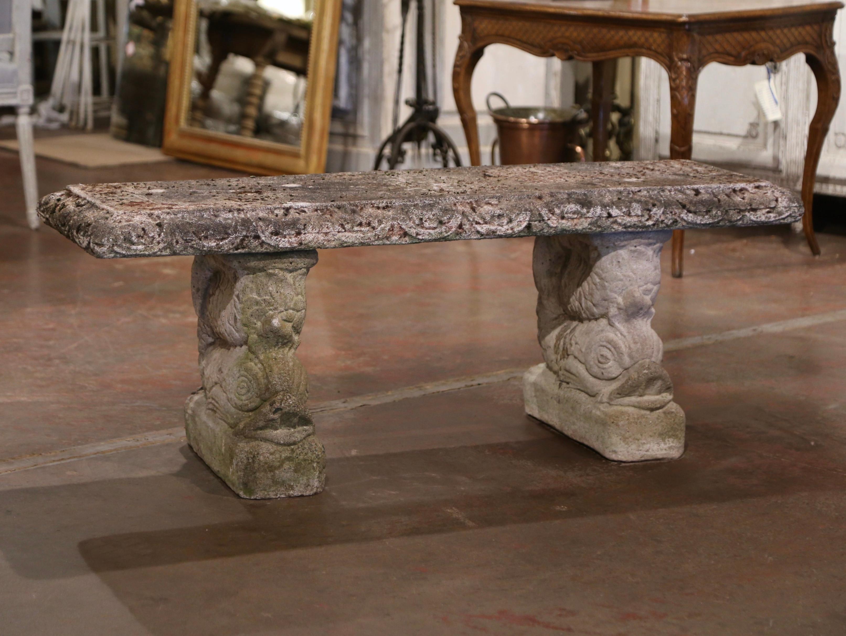 Hand-Crafted 19th Century French Weathered Stone Garden Bench on Fish Form Supports