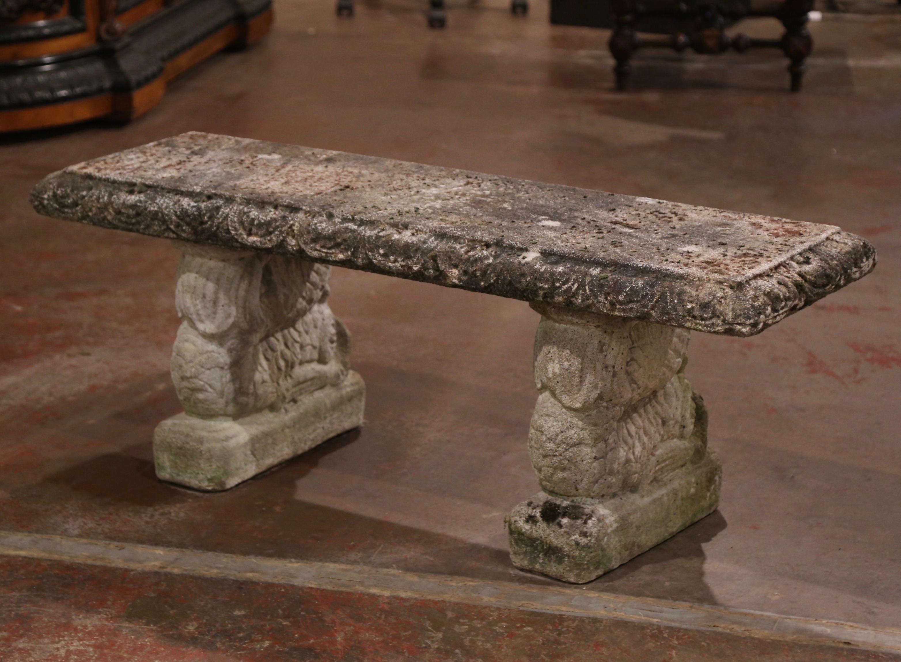 19th Century French Weathered Stone Garden Bench on Fish Form Supports 2