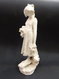 19th Century French White Alabaster Sculpture of Young Girl with Grapes