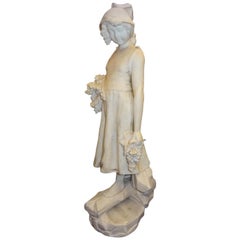 19th Century French White Alabaster Sculpture of Young Girl with Grapes