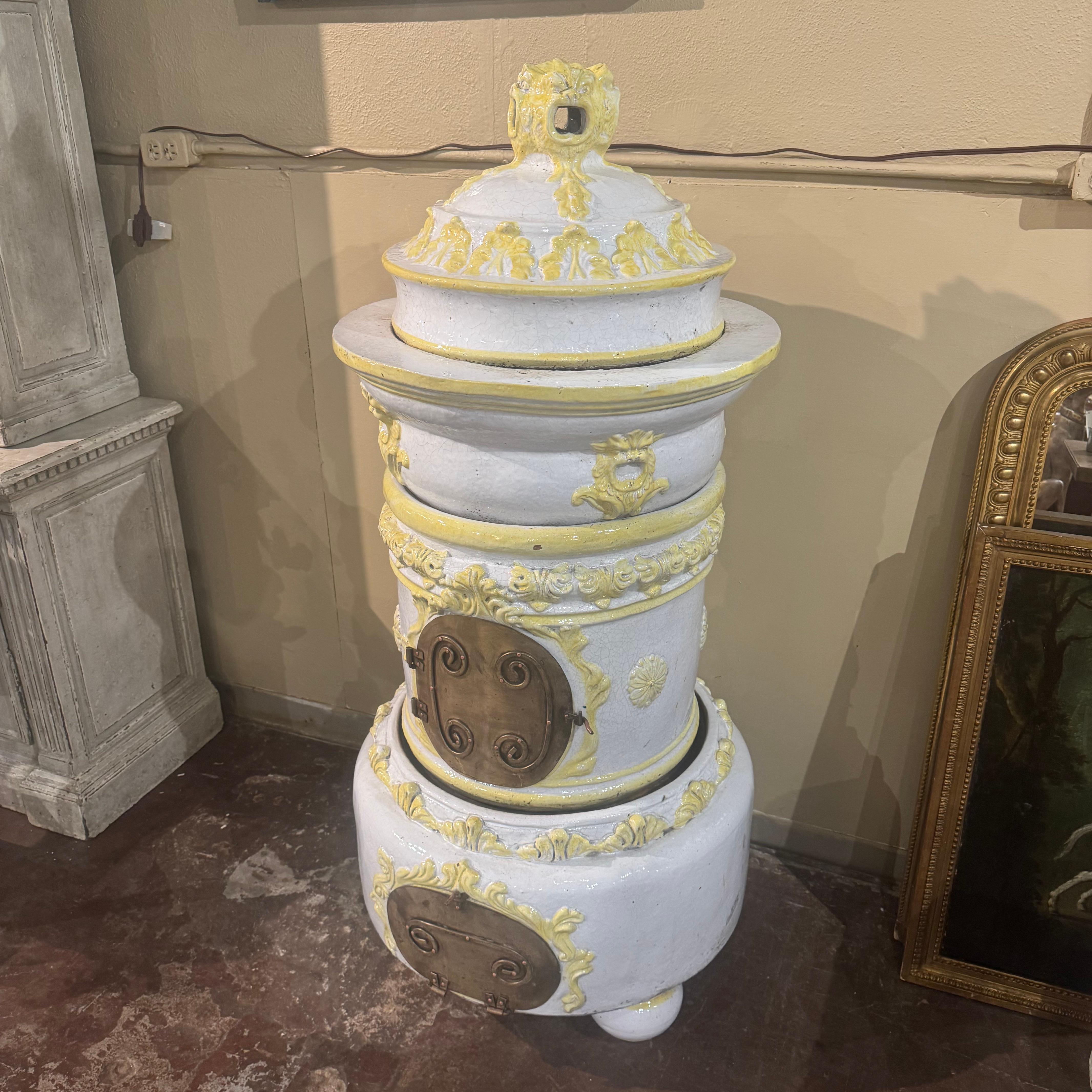 19th Century French White and Yellow Terracotta and Brass Wood Burning Stove For Sale 3
