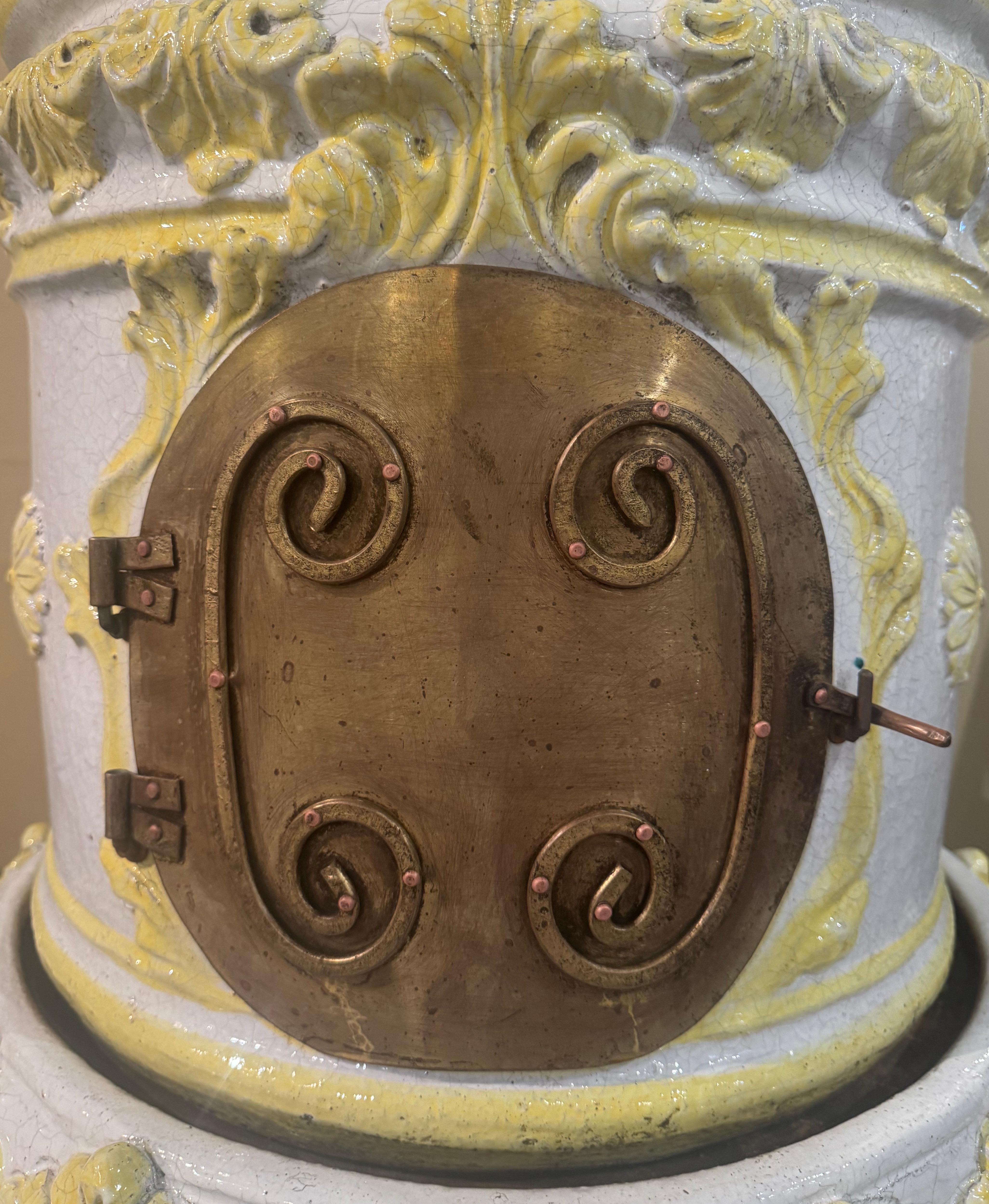 19th Century French White and Yellow Terracotta and Brass Wood Burning Stove For Sale 4