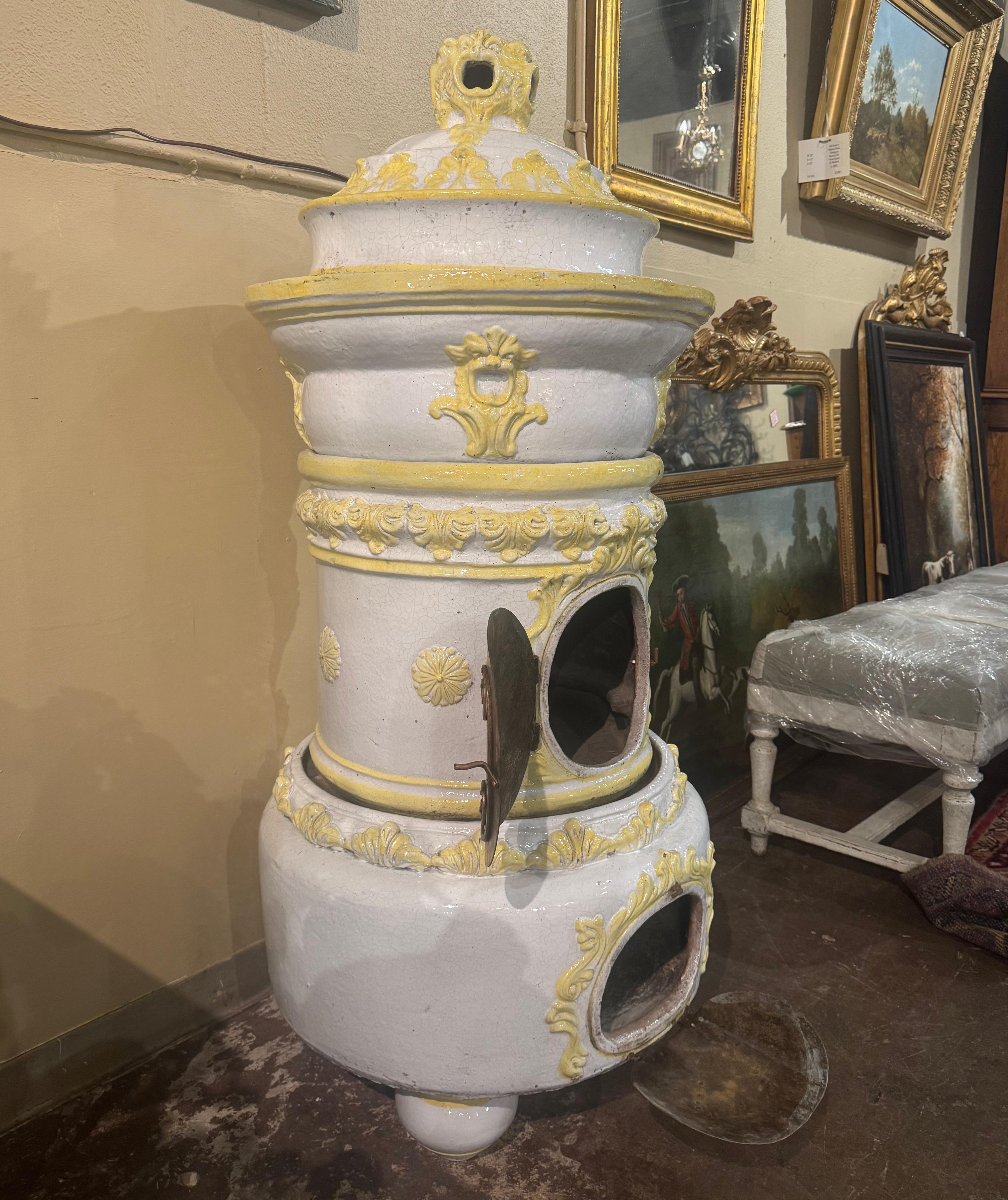 Rustic 19th Century French White and Yellow Terracotta and Brass Wood Burning Stove For Sale