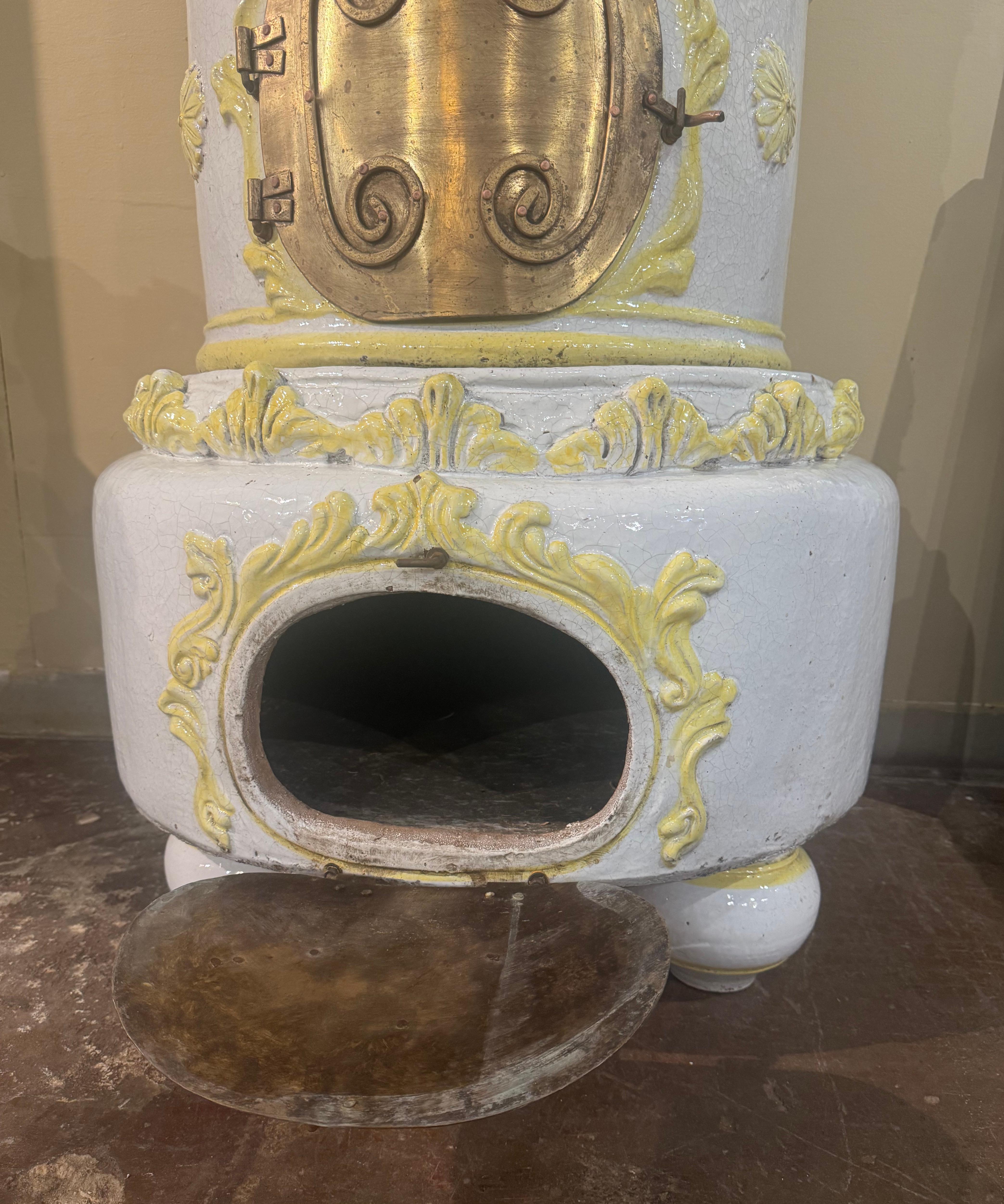 Fired 19th Century French White and Yellow Terracotta and Brass Wood Burning Stove For Sale