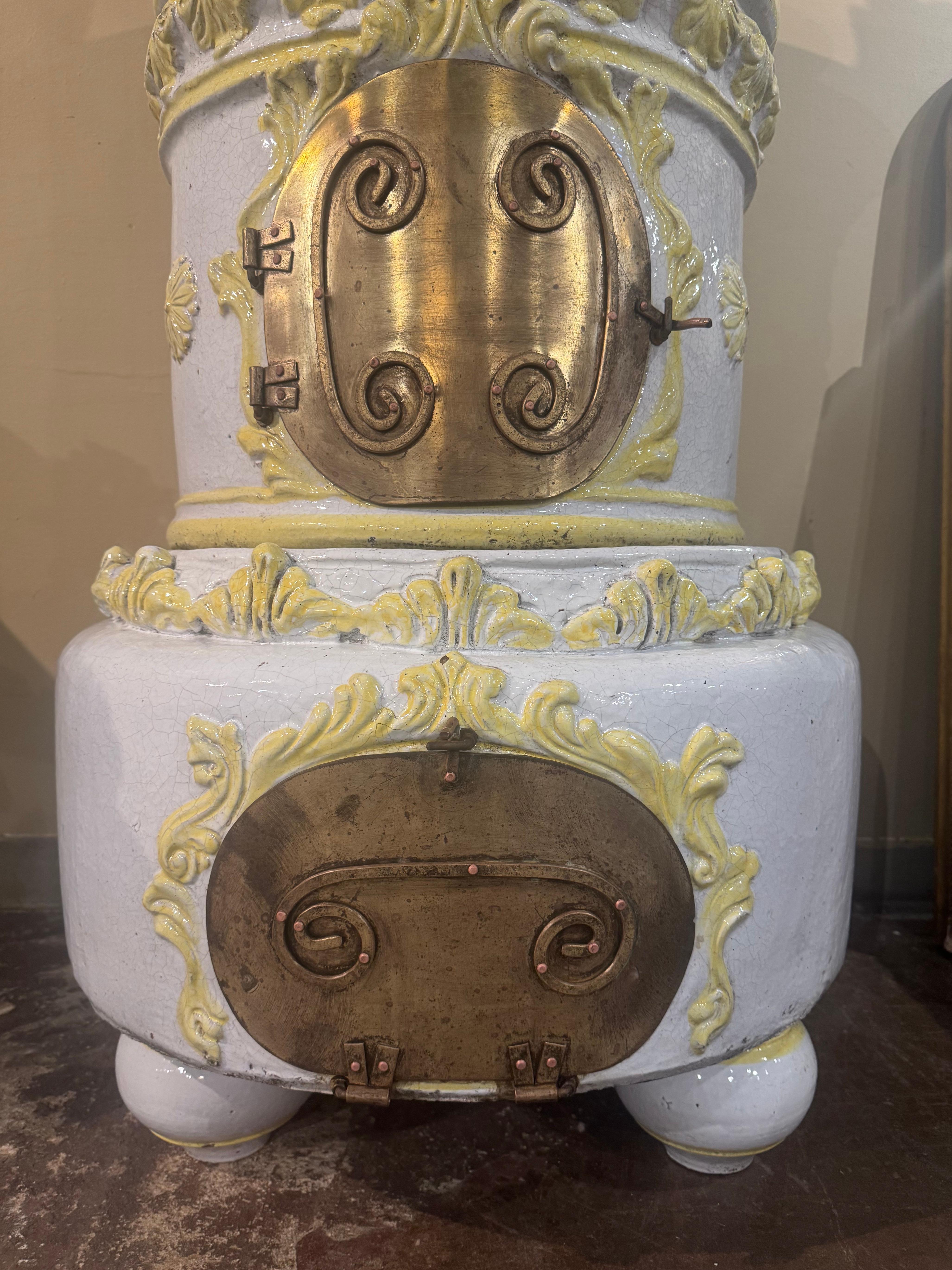 19th Century French White and Yellow Terracotta and Brass Wood Burning Stove For Sale 1