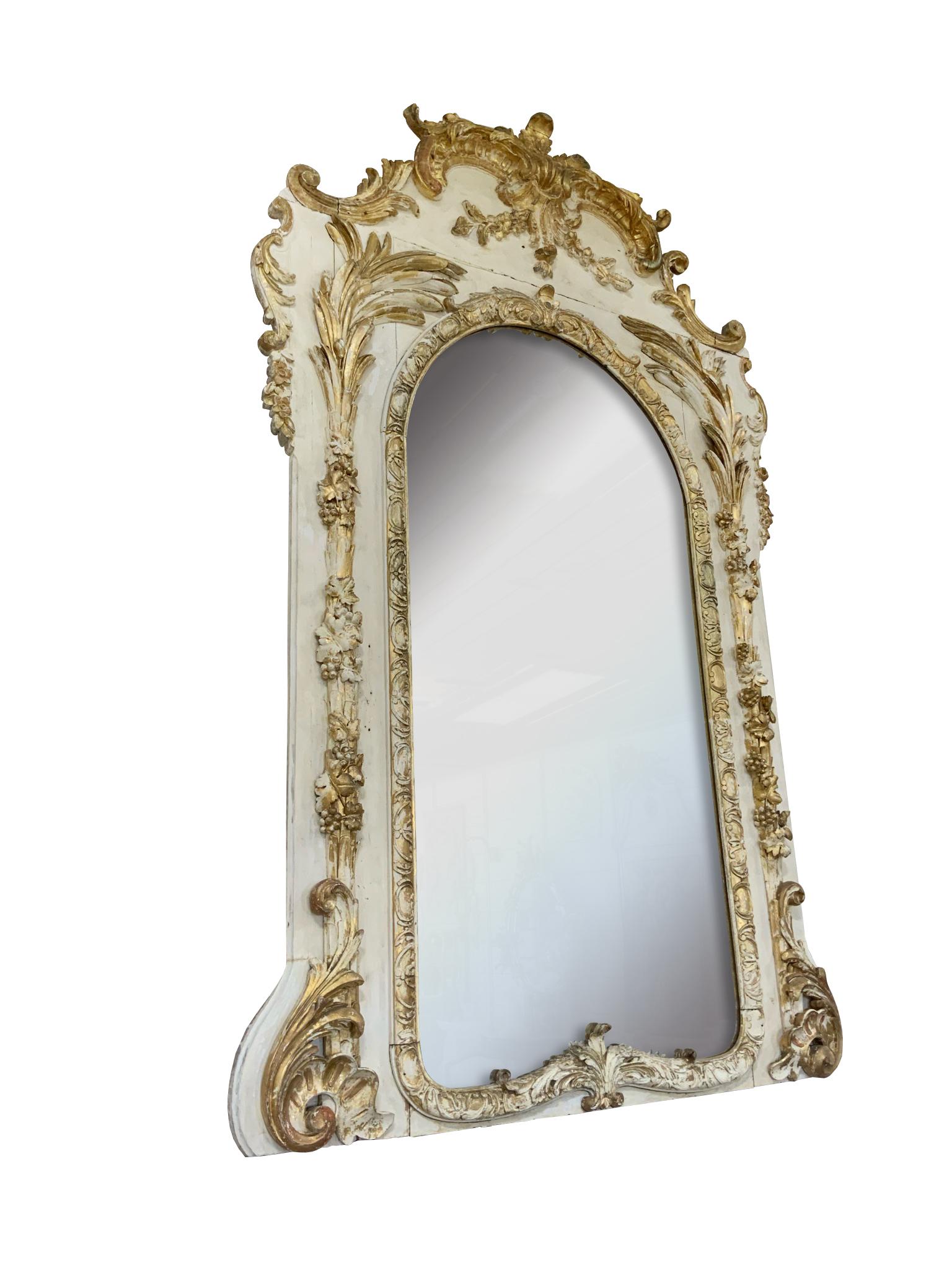 Hand-Carved 19th Century French White/Cream and Gold French Mirror