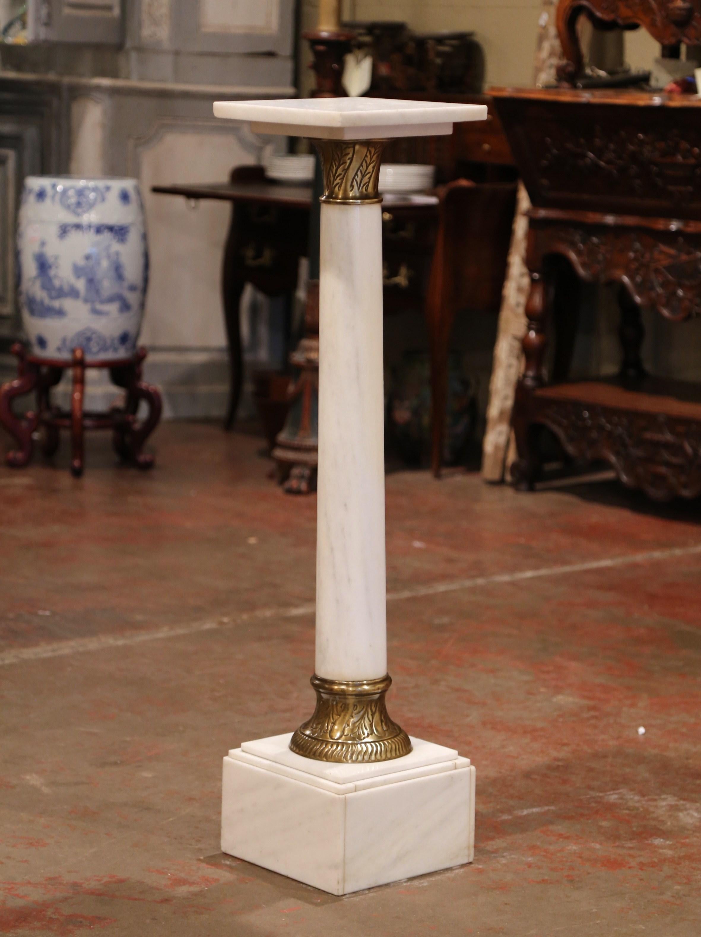 Napoleon III 19th Century French White Marble Pedestal with Brass Rings and Swivel Square Top