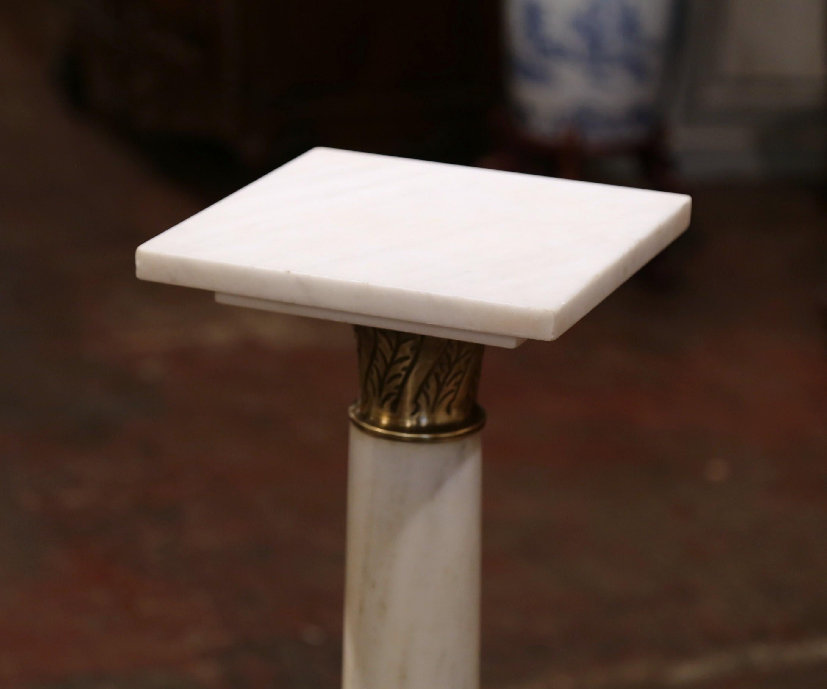 19th Century French White Marble Pedestal with Brass Rings and Swivel Square Top In Excellent Condition In Dallas, TX