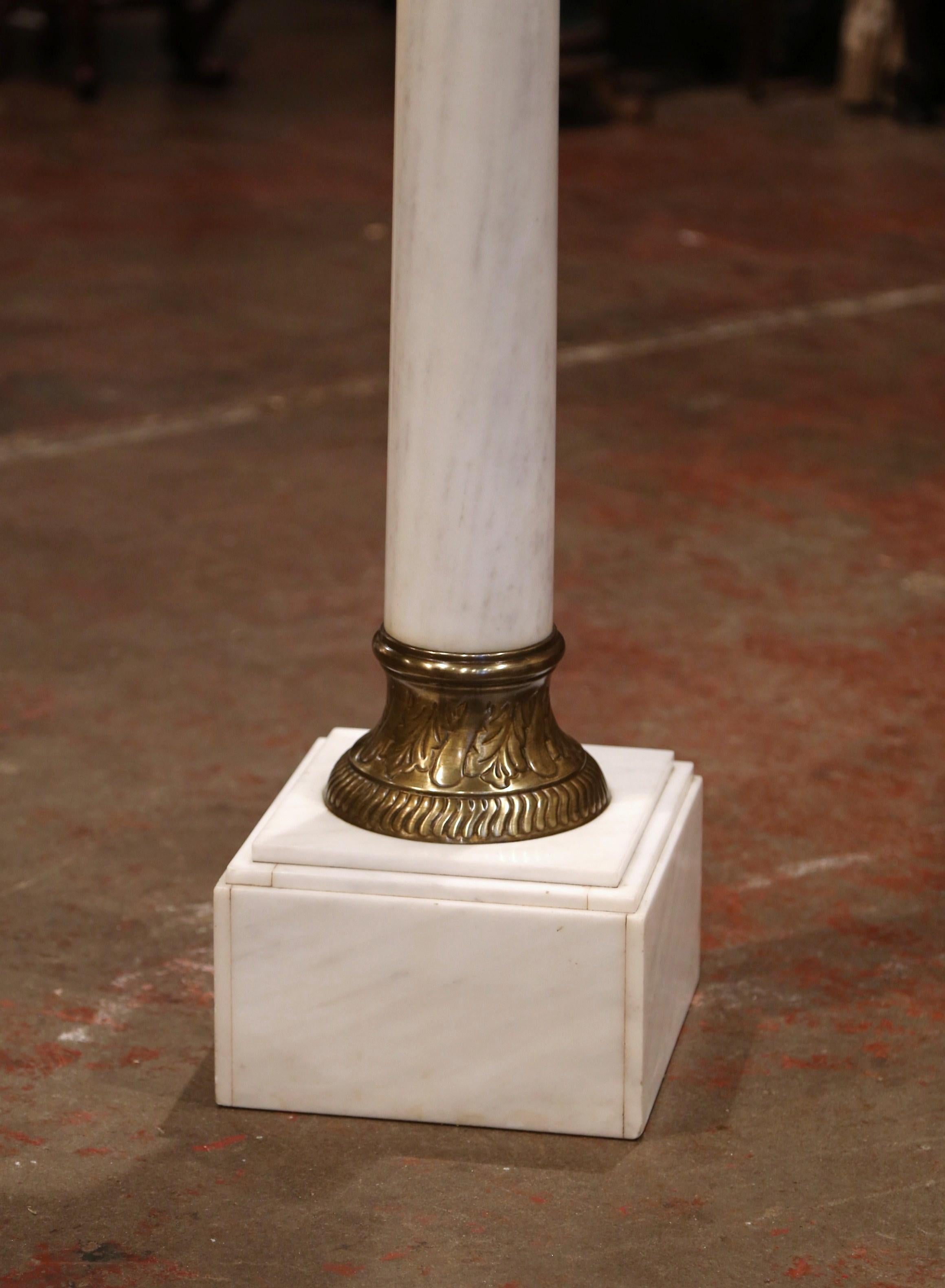 19th Century French White Marble Pedestal with Brass Rings and Swivel Square Top 1