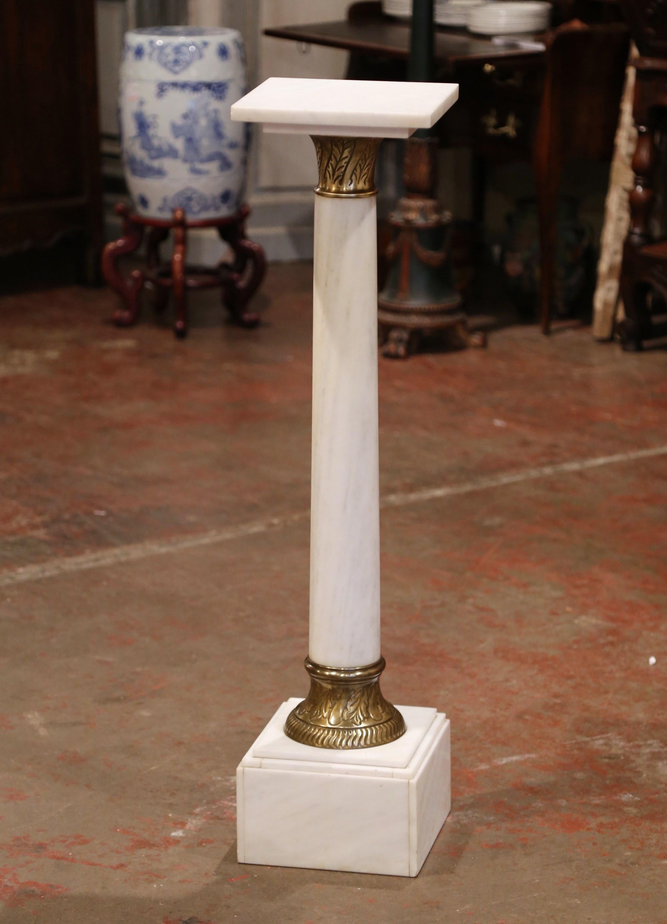 19th Century French White Marble Pedestal with Brass Rings and Swivel Square Top 2