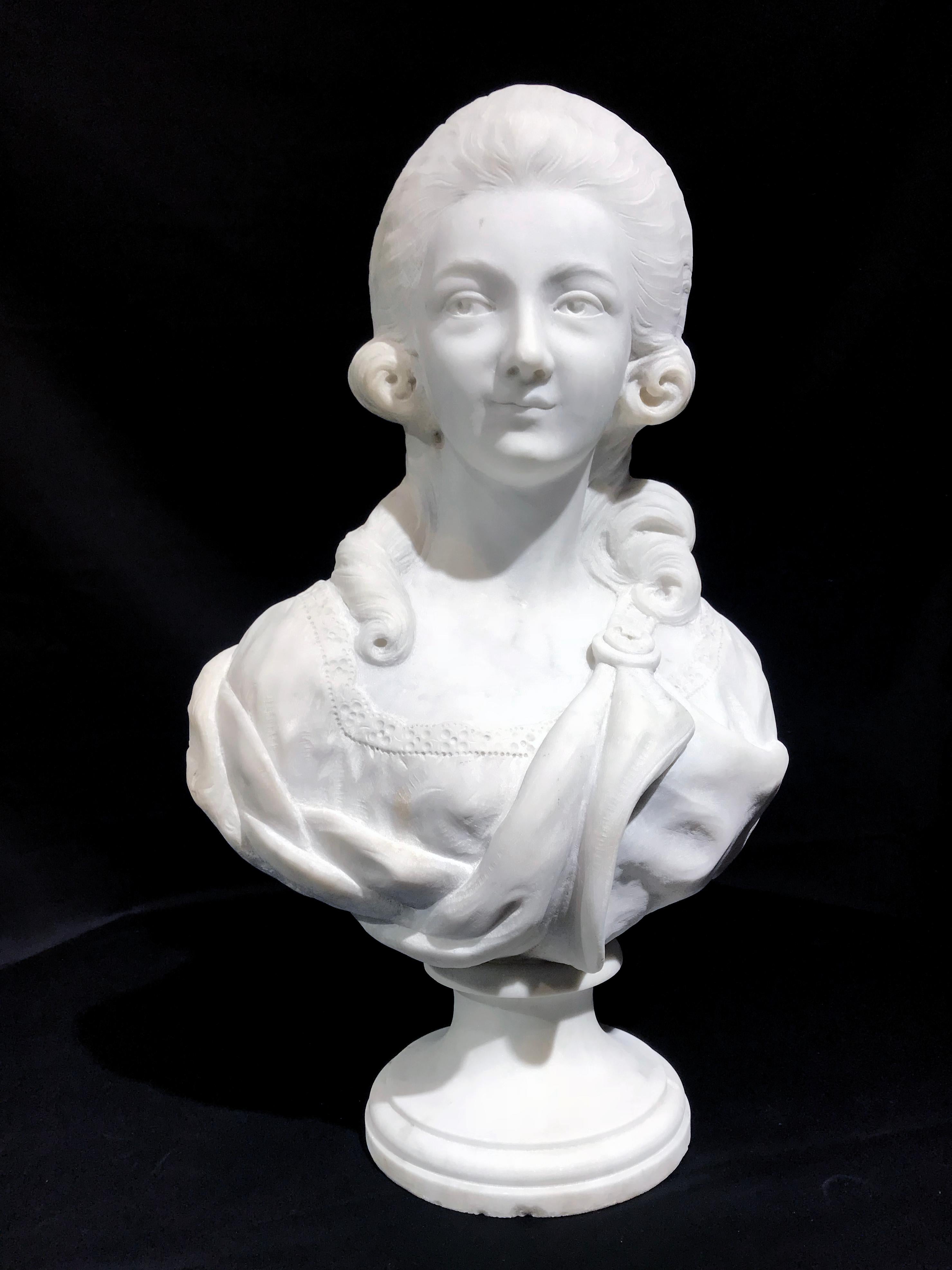 Hand-Carved 19th Century French White Marble Sculpture Bust of Queen Marie Antoinette Signed For Sale