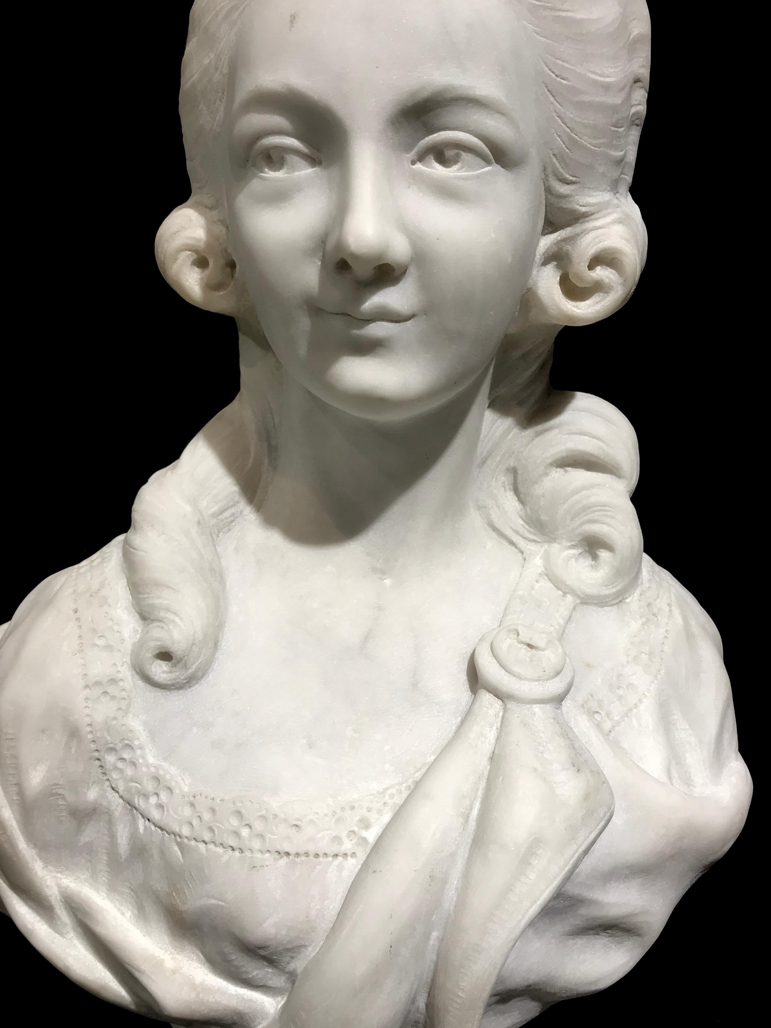 Statuary Marble 19th Century French White Marble Sculpture Bust of Queen Marie Antoinette Signed For Sale