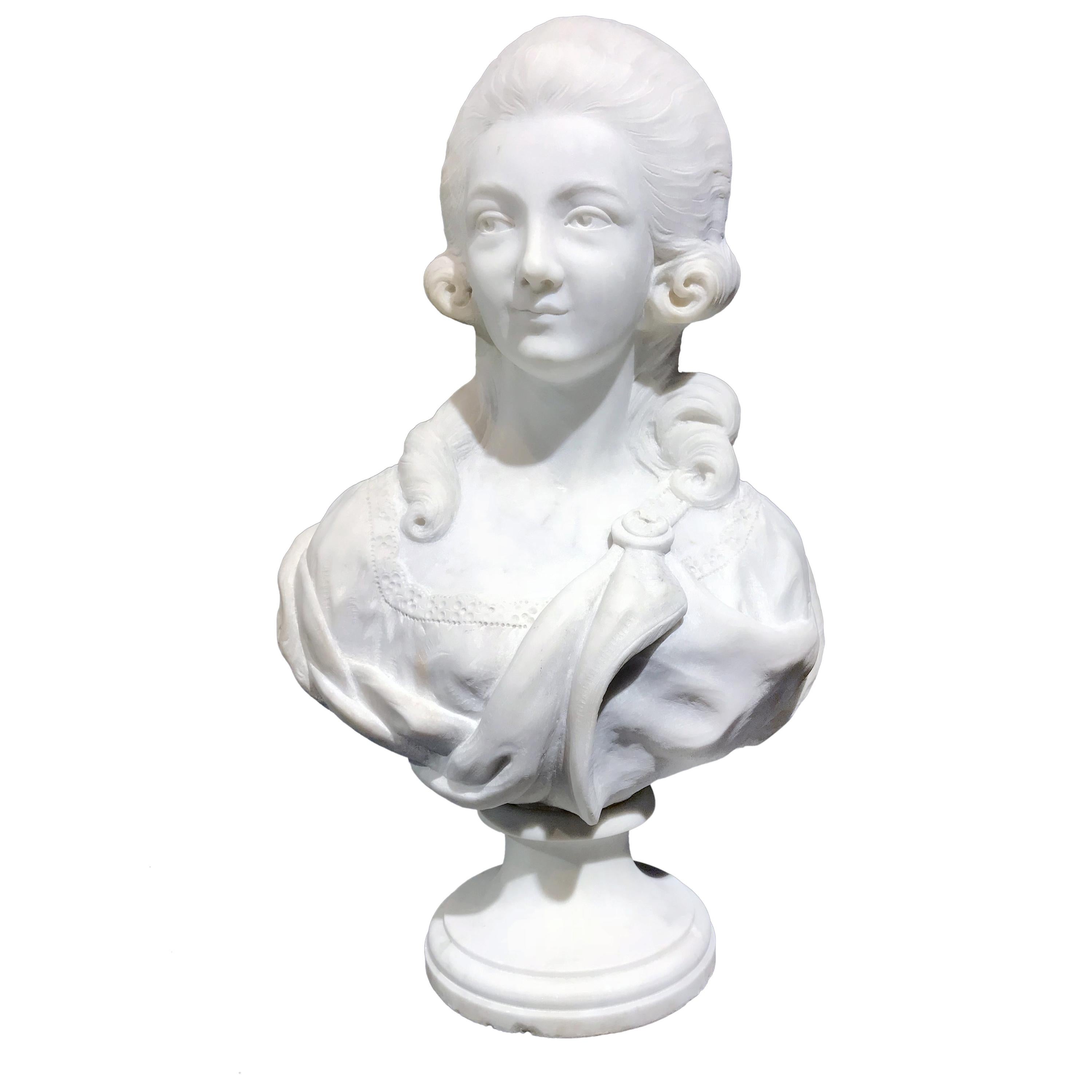 19th Century French White Marble Sculpture Bust of Queen Marie Antoinette Signed For Sale