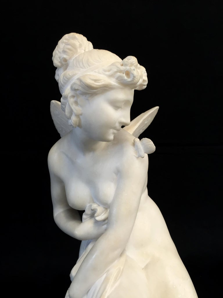 19th Century, French White Marble Sculpture, Psyche with Butterfly Wings For Sale 13