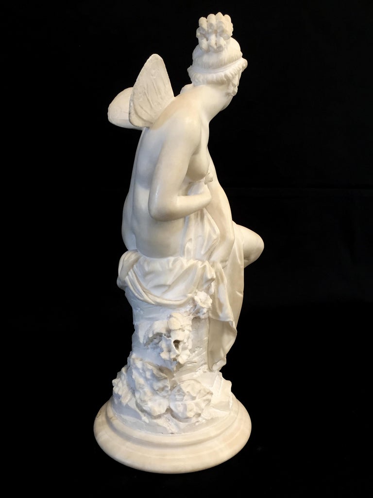 19th Century, French White Marble Sculpture, Psyche with Butterfly Wings For Sale 15
