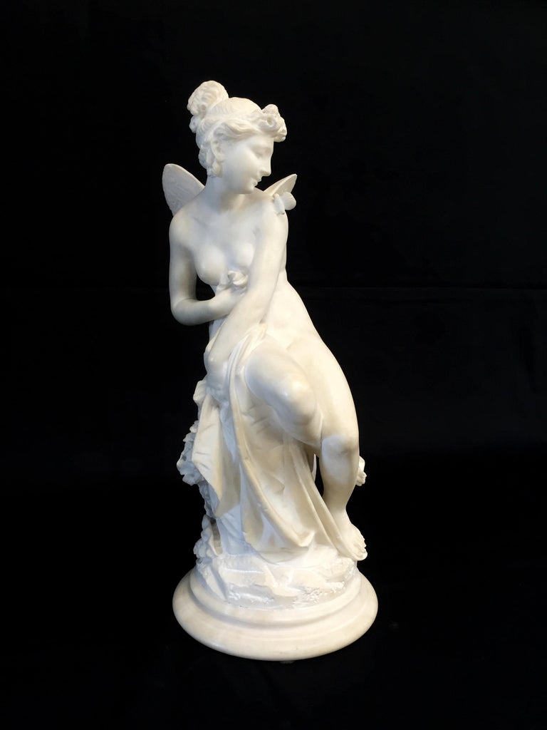 Napoleon III 19th Century, French White Marble Sculpture, Psyche with Butterfly Wings For Sale