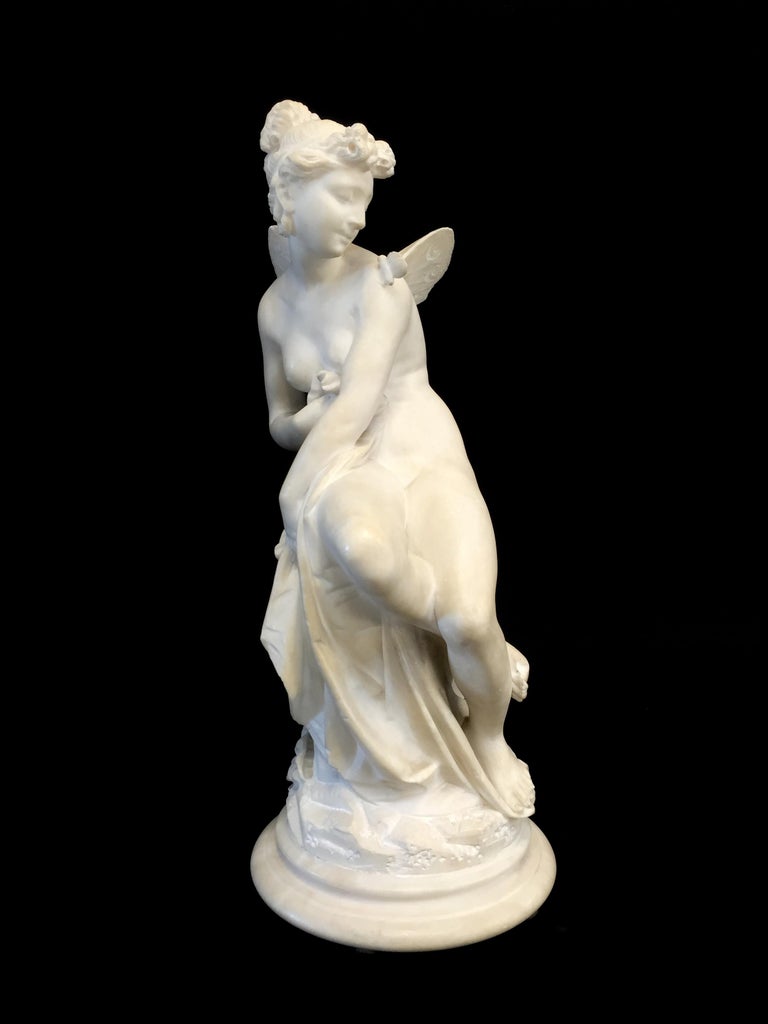 Hand-Carved 19th Century, French White Marble Sculpture, Psyche with Butterfly Wings For Sale