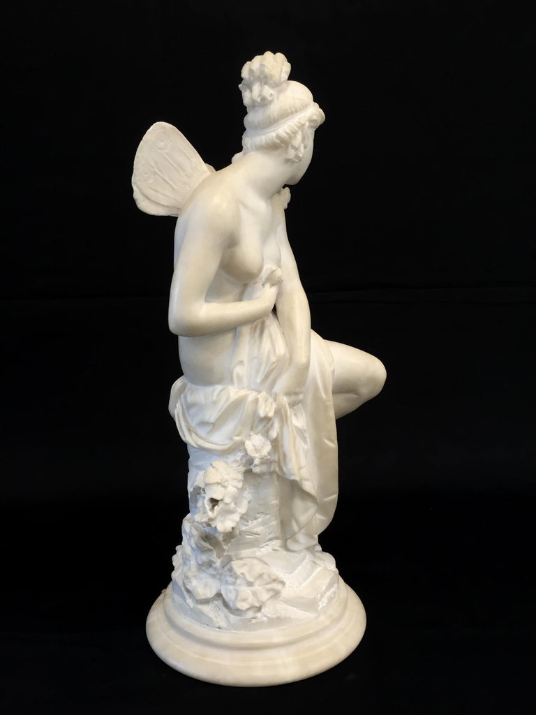 19th Century, French White Marble Sculpture, Psyche with Butterfly Wings For Sale 1