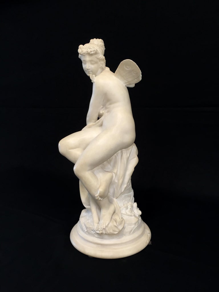 19th Century, French White Marble Sculpture, Psyche with Butterfly Wings For Sale 2