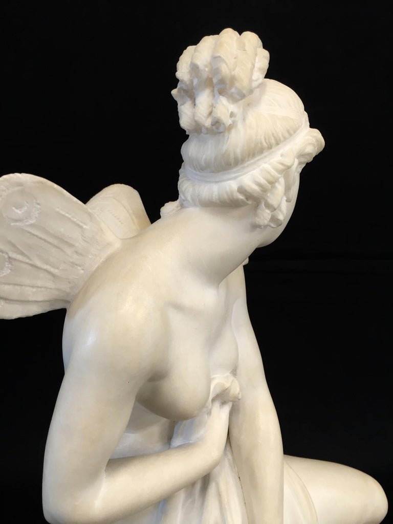 19th Century, French White Marble Sculpture, Psyche with Butterfly Wings For Sale 4