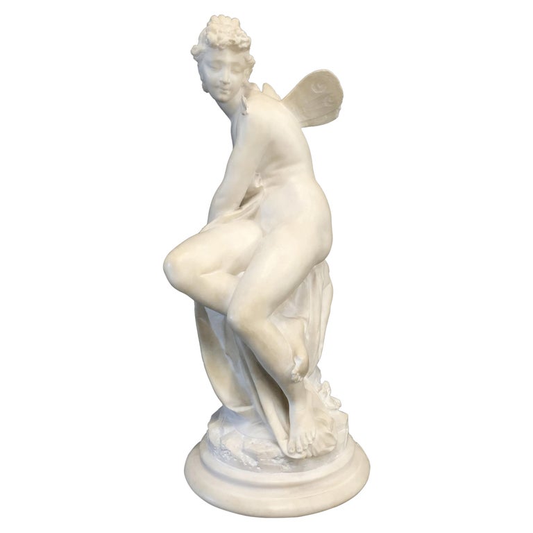 19th Century, French White Marble Sculpture, Psyche with Butterfly Wings For Sale