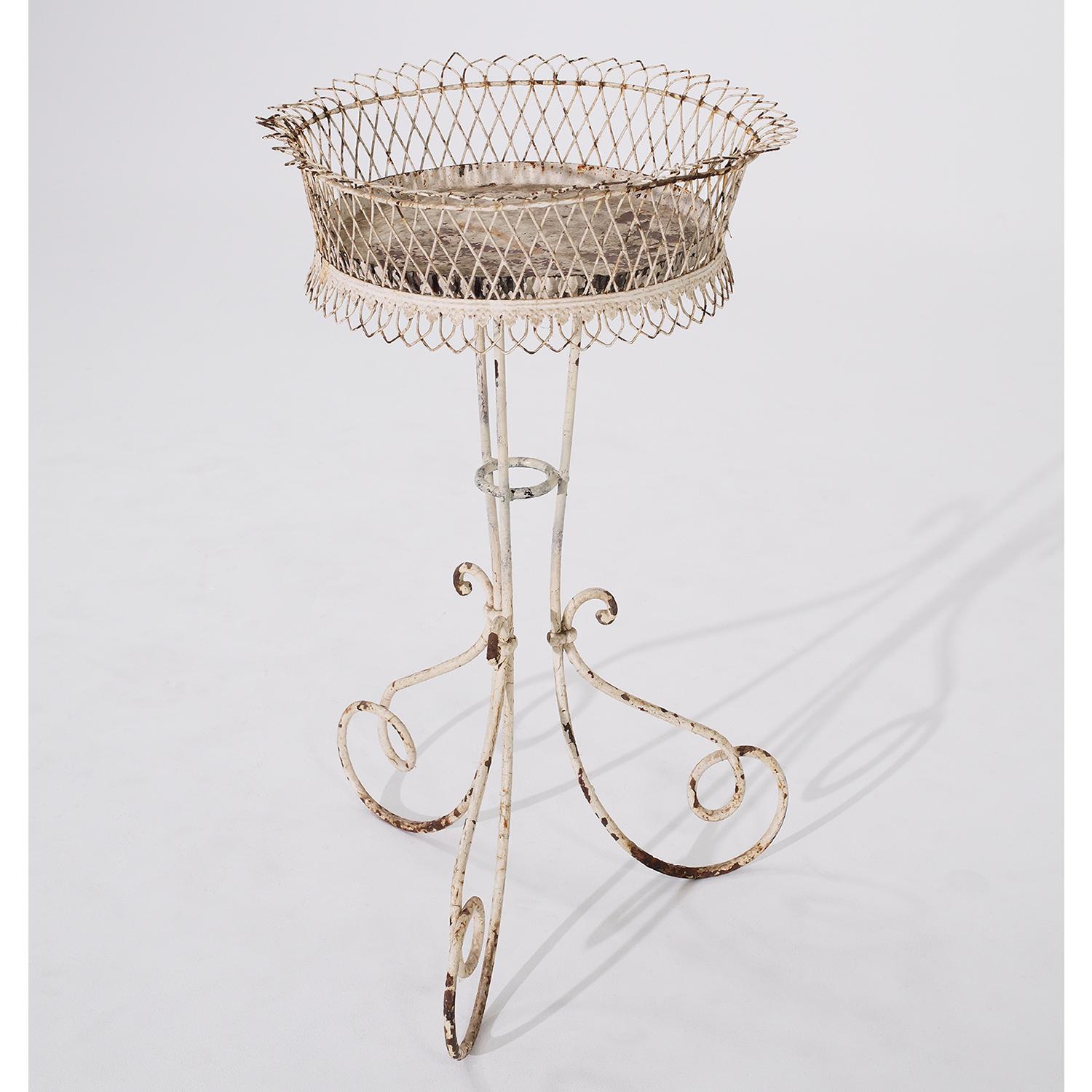 French Provincial 19th Century French White Painted Iron Standing Arras Jardinière - Antique Stand For Sale