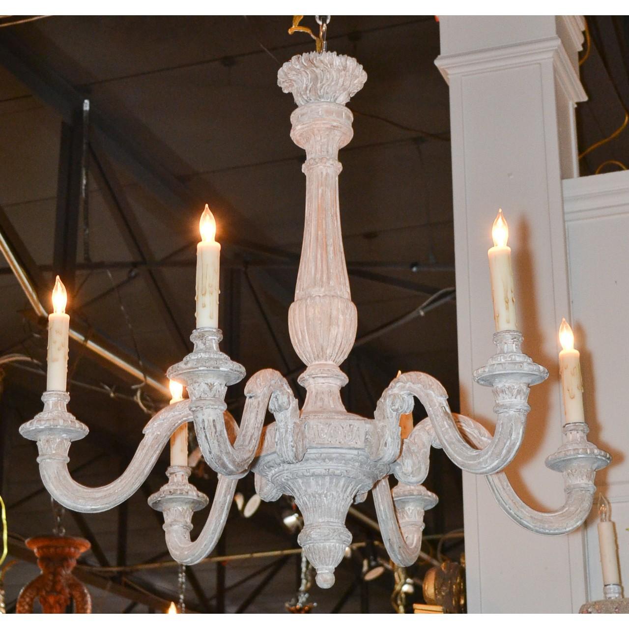 Wood 19th Century French White-Washed Chandelier