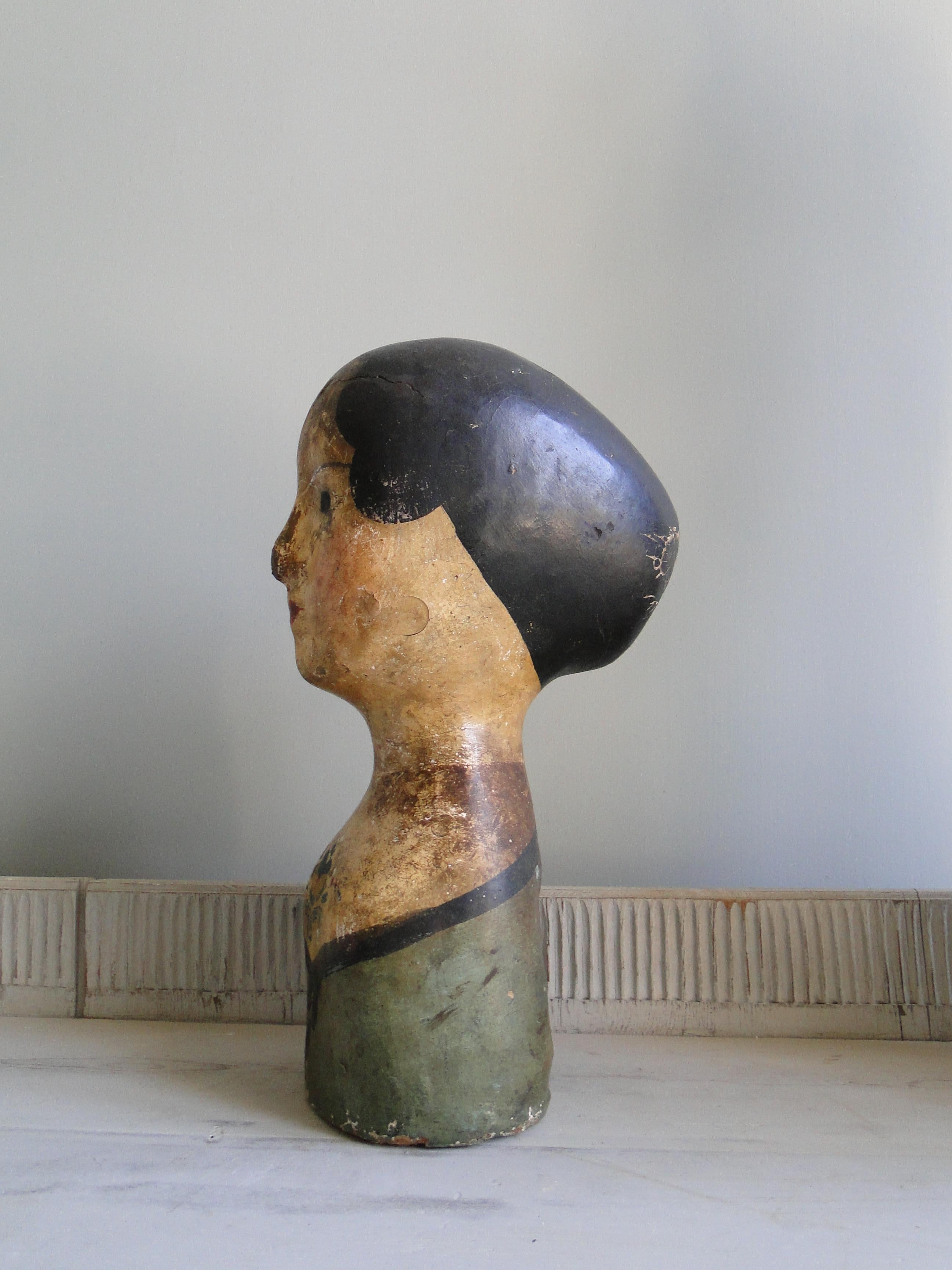 Antique French 19th century wig stand or head called Marotte. In original paint out of papier maché.