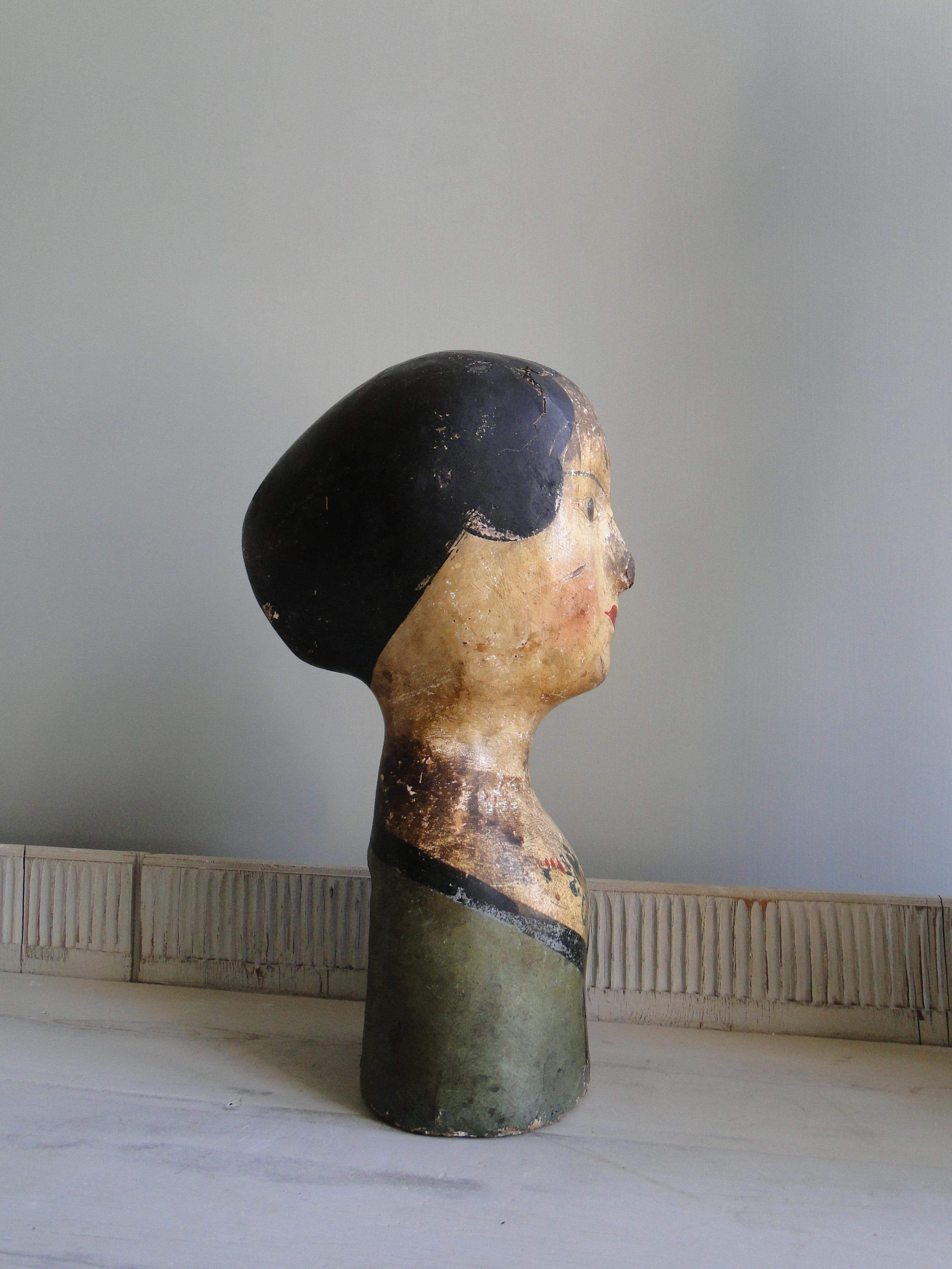 19th Century French Wig Head Marotte Papier Maché In Fair Condition For Sale In Sames, FR