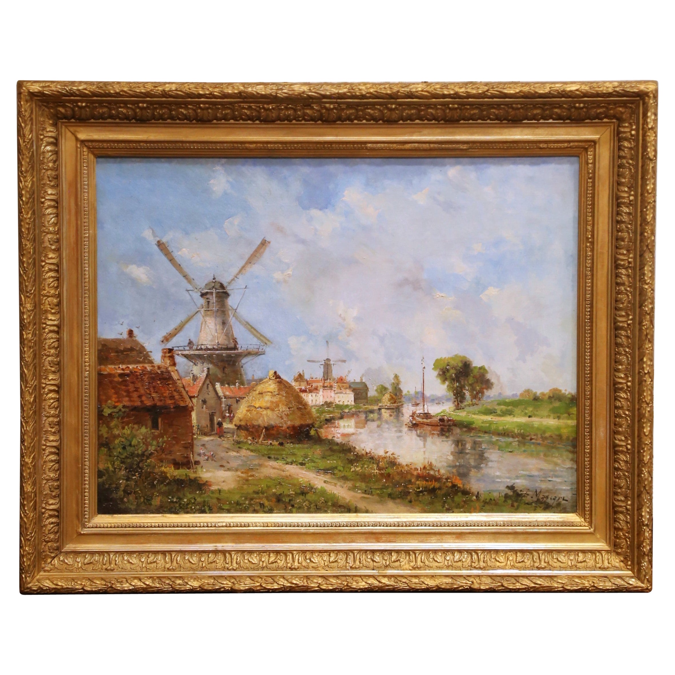 19th Century French Windmill Landscape Oil on Canvas Painting by Gustave Mascart For Sale