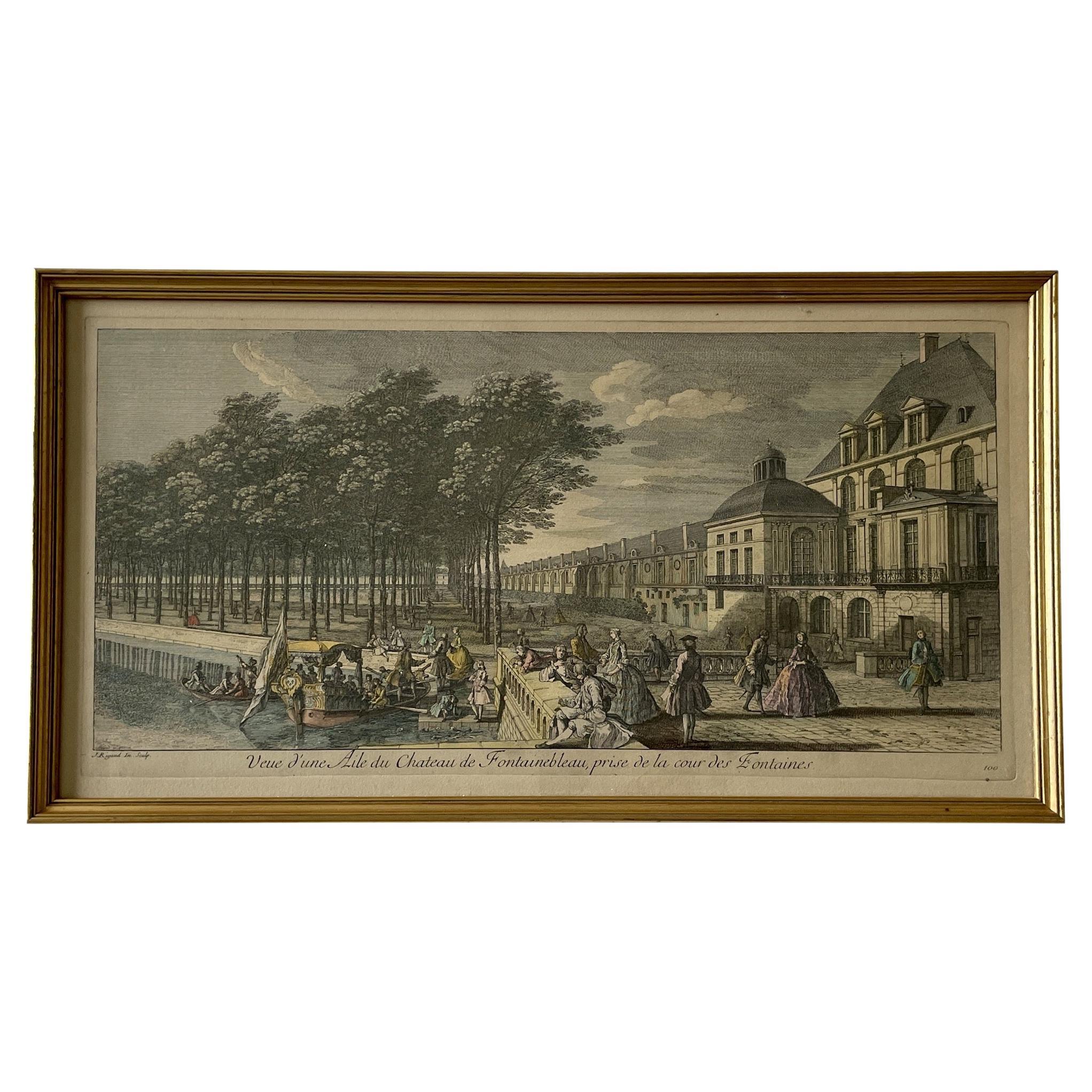 Lithographie de la scène de l'aile française du château de Fontainebleau, 19e siècle