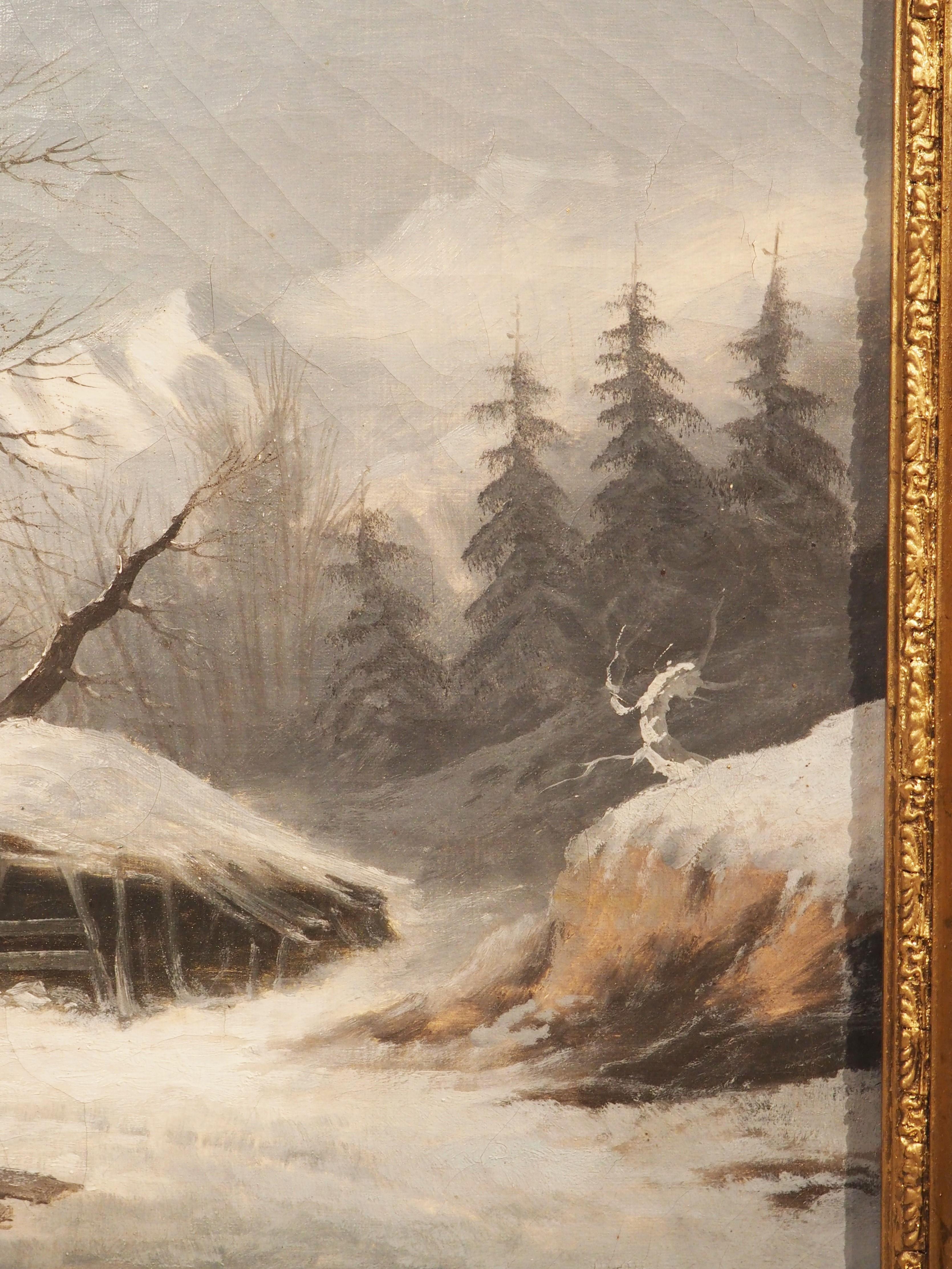 Französische Winterlandschaft des 19. Jahrhunderts, Gemälde in originalem vergoldetem Holzrahmen im Angebot 5