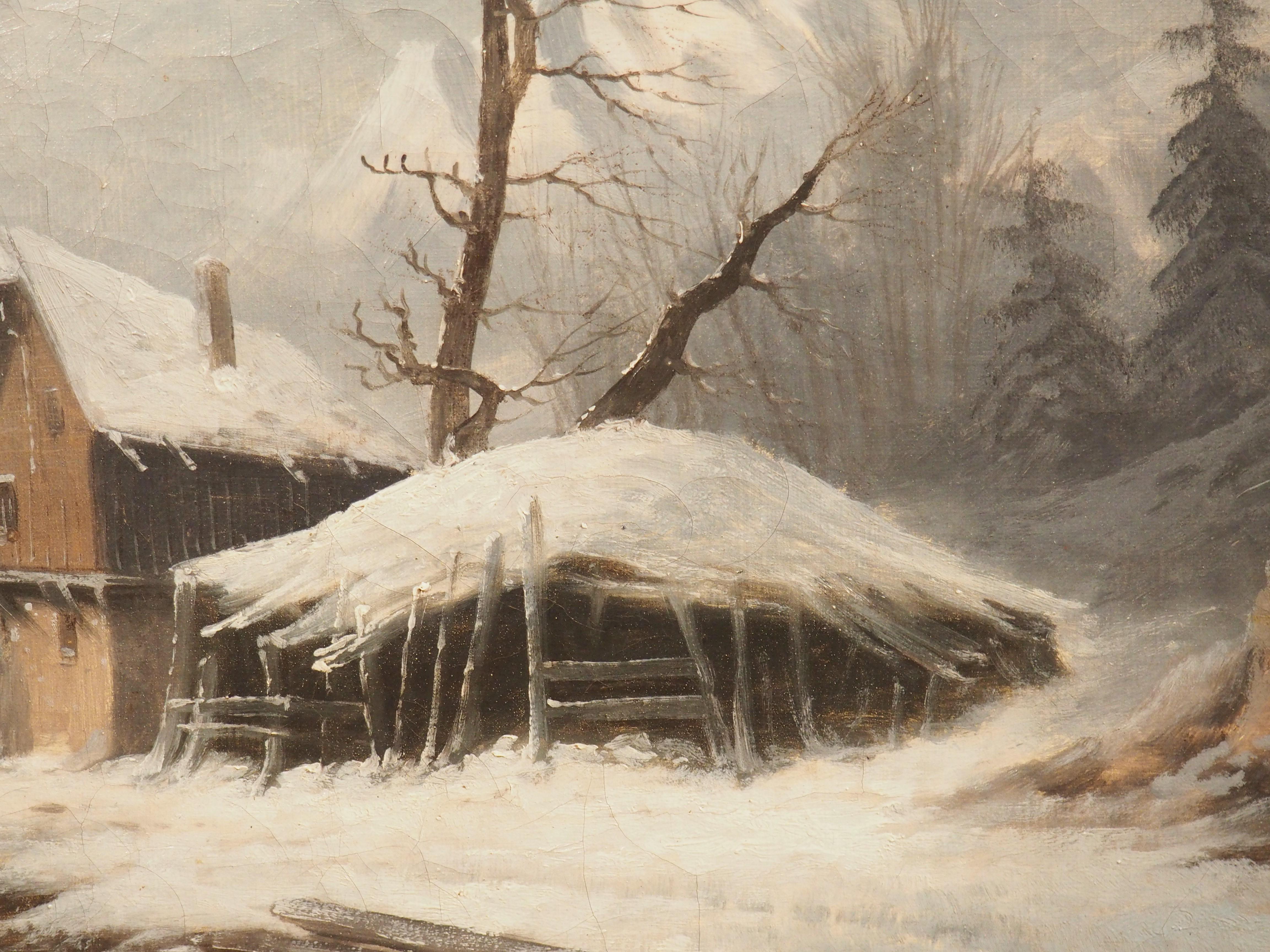 Französische Winterlandschaft des 19. Jahrhunderts, Gemälde in originalem vergoldetem Holzrahmen im Angebot 6