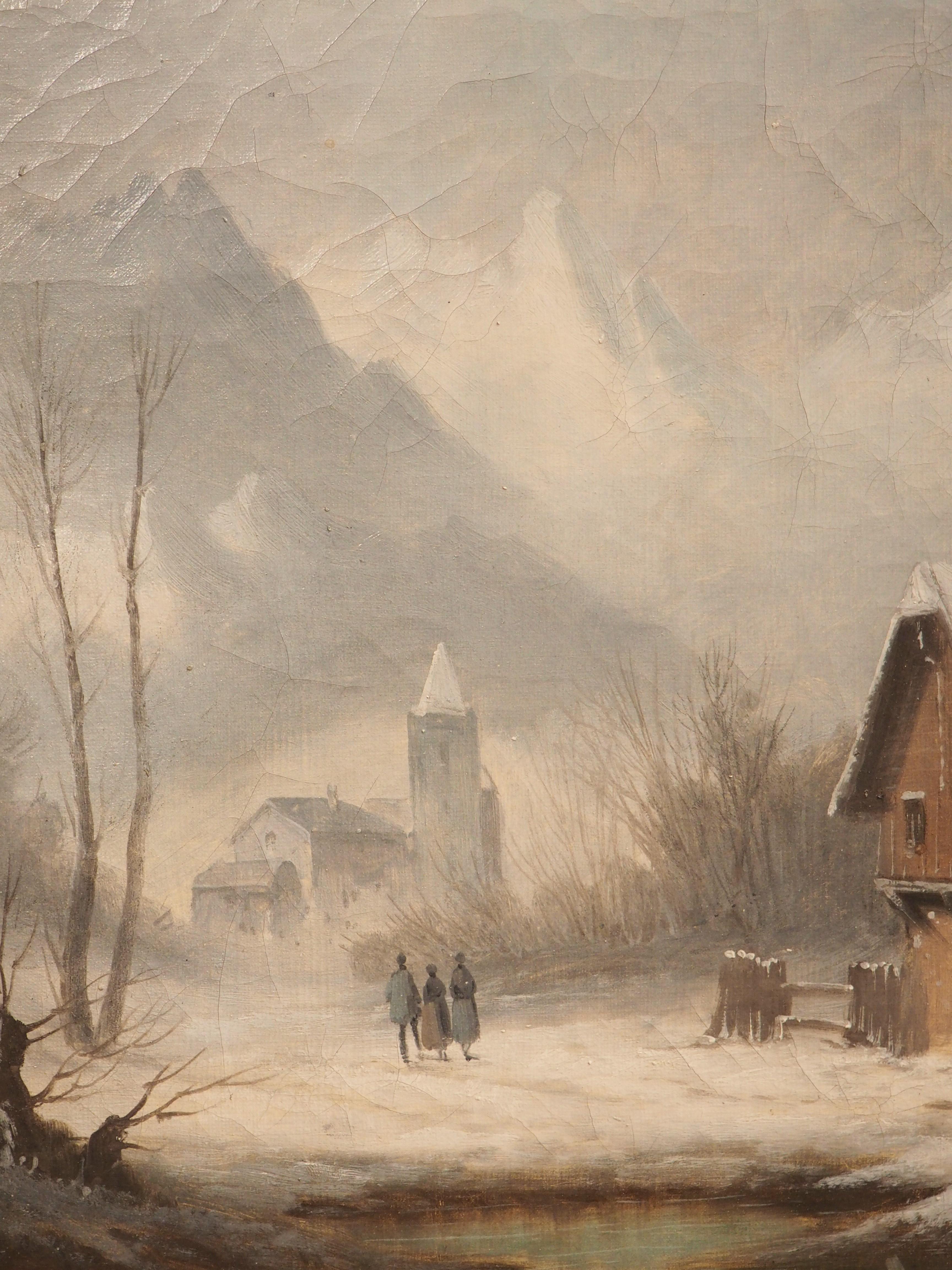 Peinture de paysage d'hiver du 19ème siècle dans son cadre d'origine en bois doré en vente 5