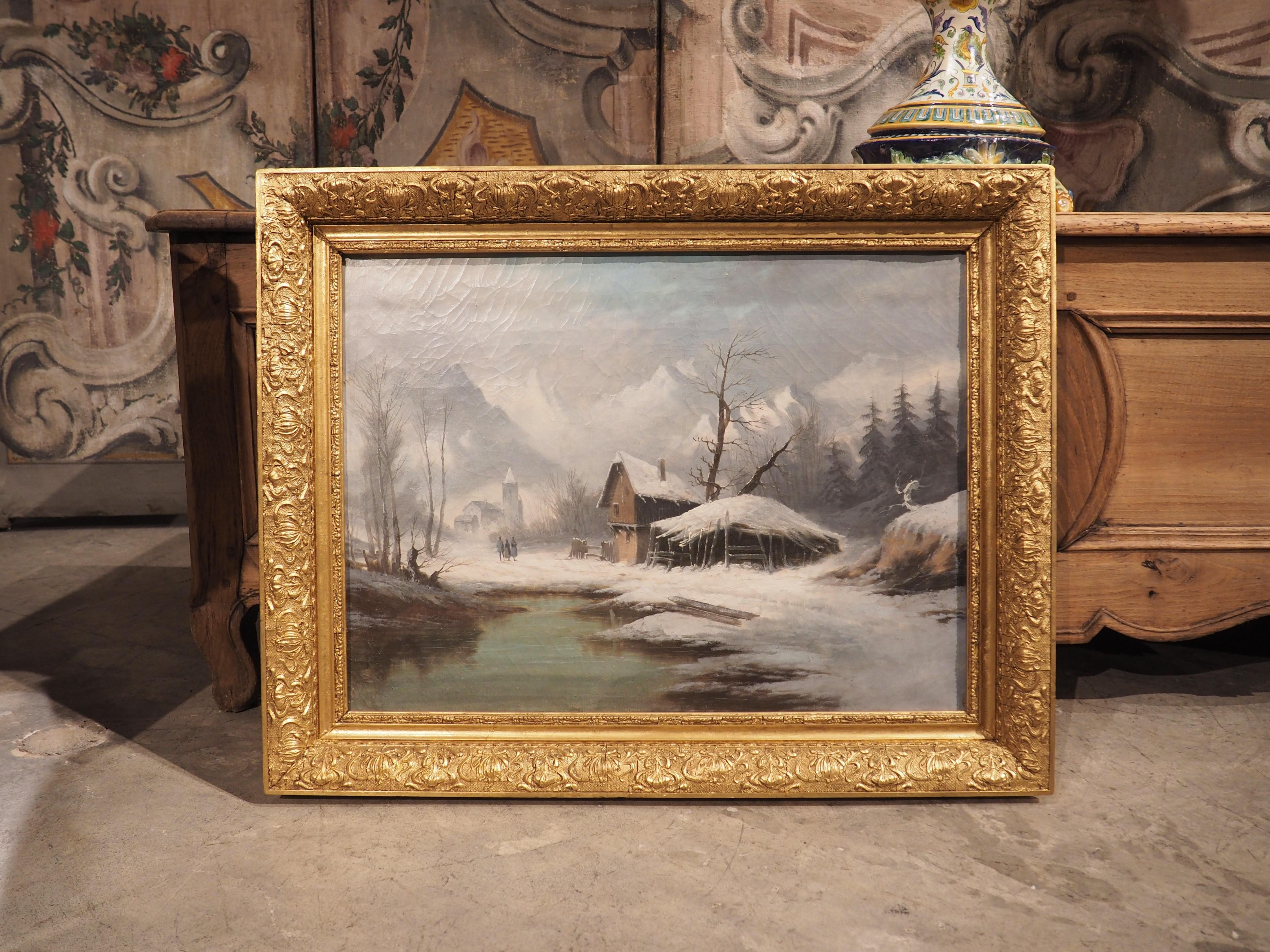 Peinture de paysage d'hiver du 19ème siècle dans son cadre d'origine en bois doré en vente 6