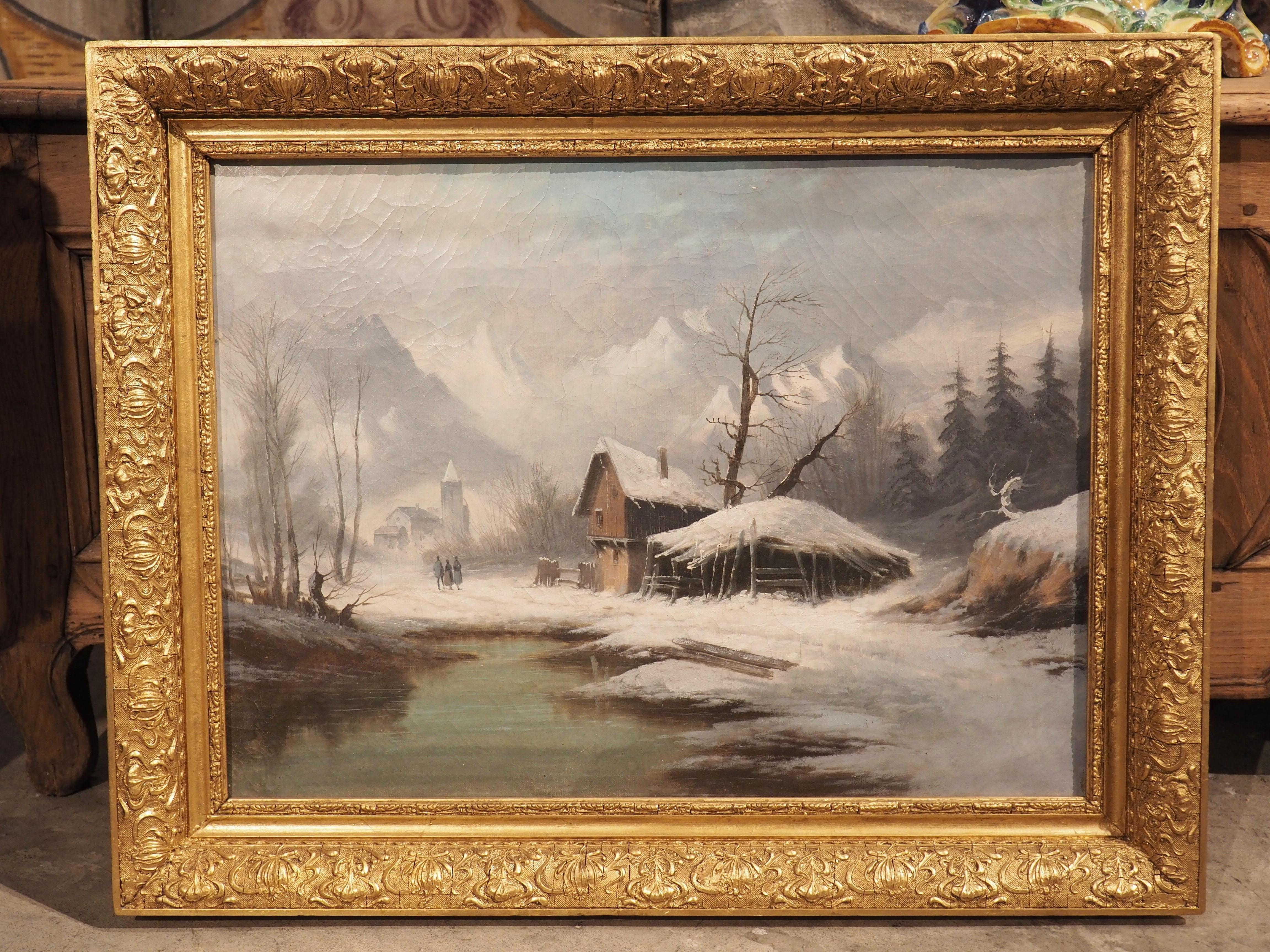 Peinture de paysage d'hiver du 19ème siècle dans son cadre d'origine en bois doré en vente 8