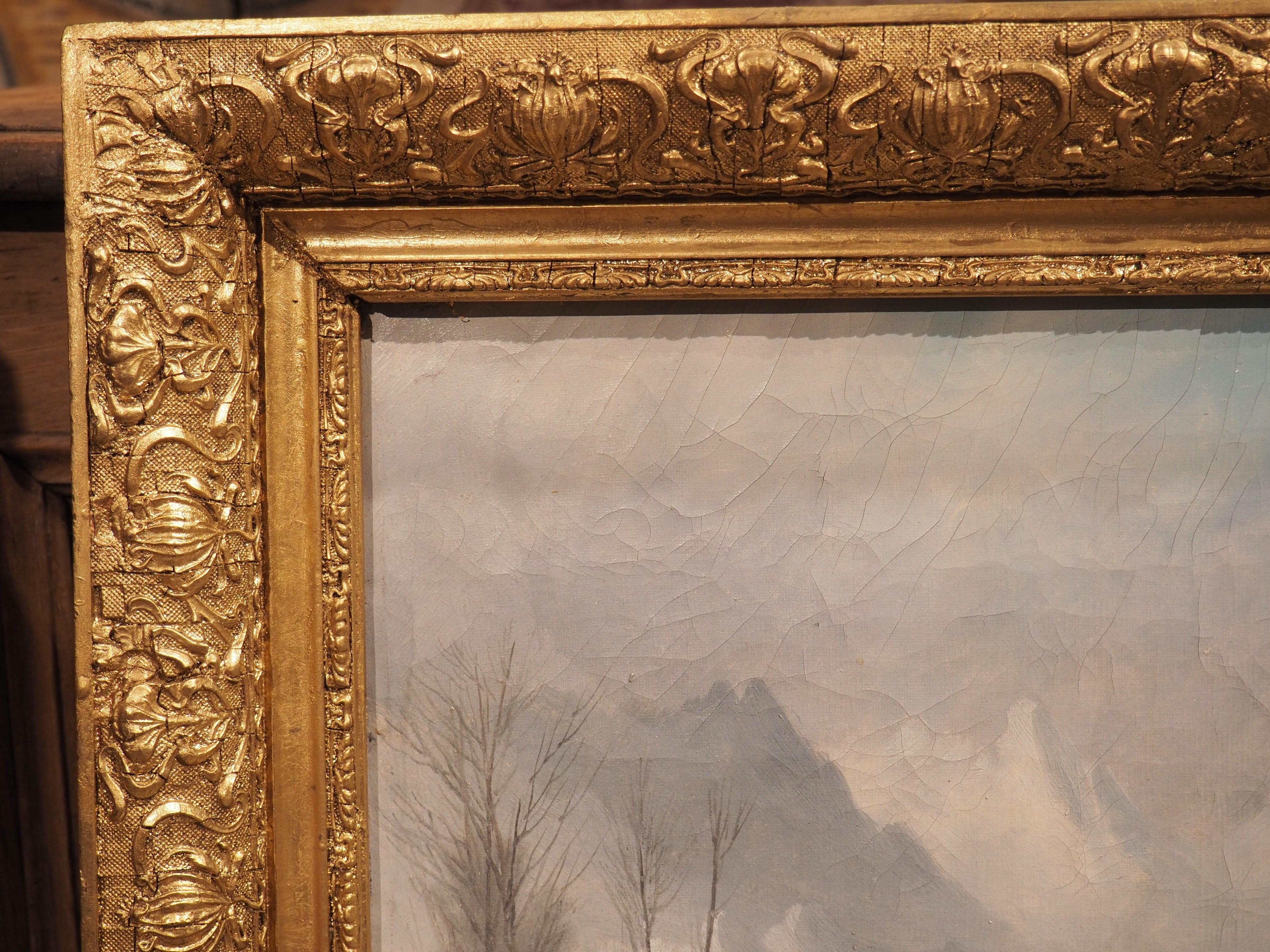 Hand-Carved 19th Century French Winter Landscape Painting in Original Giltwood Frame For Sale