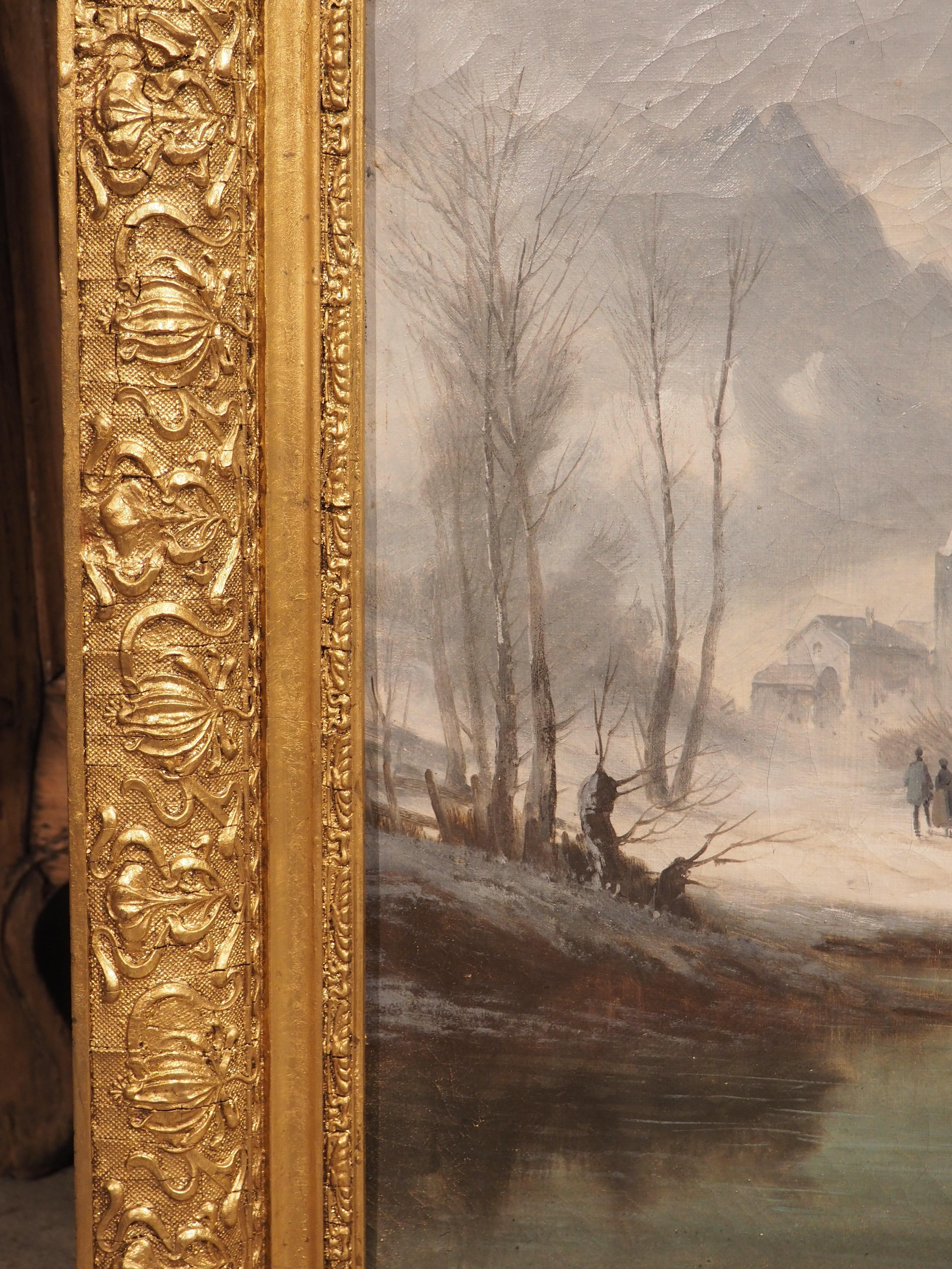 Französische Winterlandschaft des 19. Jahrhunderts, Gemälde in originalem vergoldetem Holzrahmen im Zustand „Gut“ im Angebot in Dallas, TX