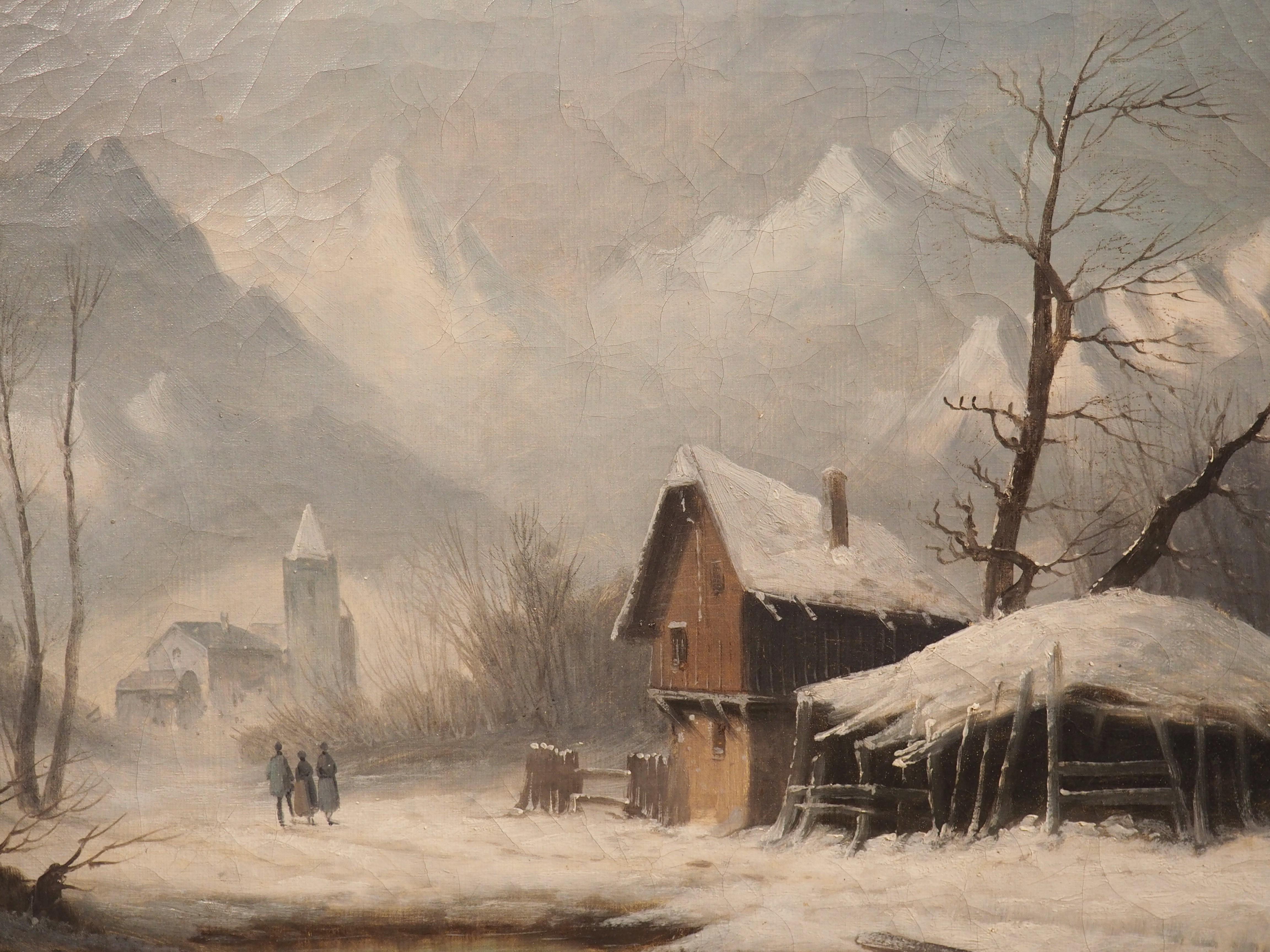 Canvas 19th Century French Winter Landscape Painting in Original Giltwood Frame For Sale