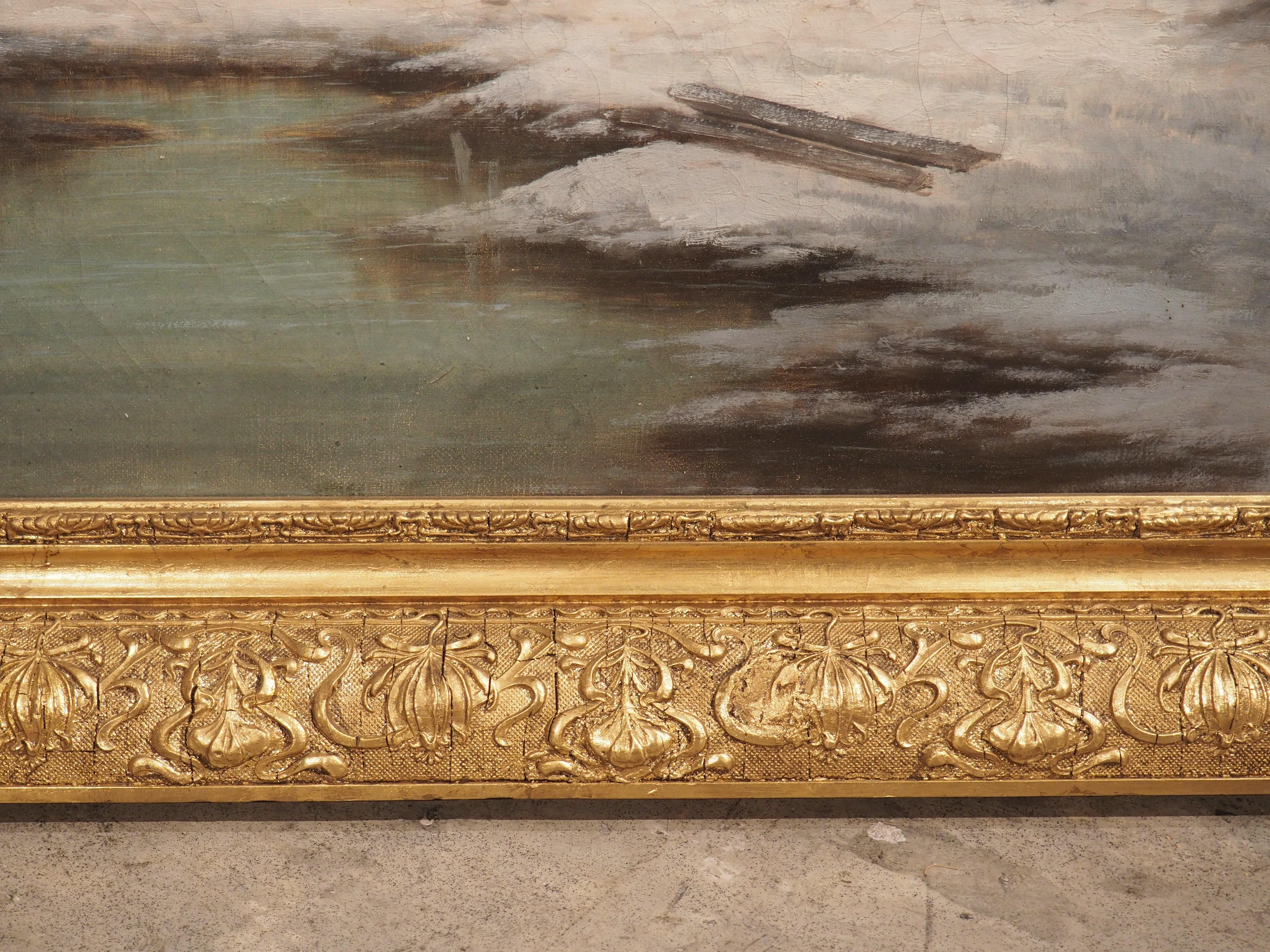 Peinture de paysage d'hiver du 19ème siècle dans son cadre d'origine en bois doré Bon état - En vente à Dallas, TX
