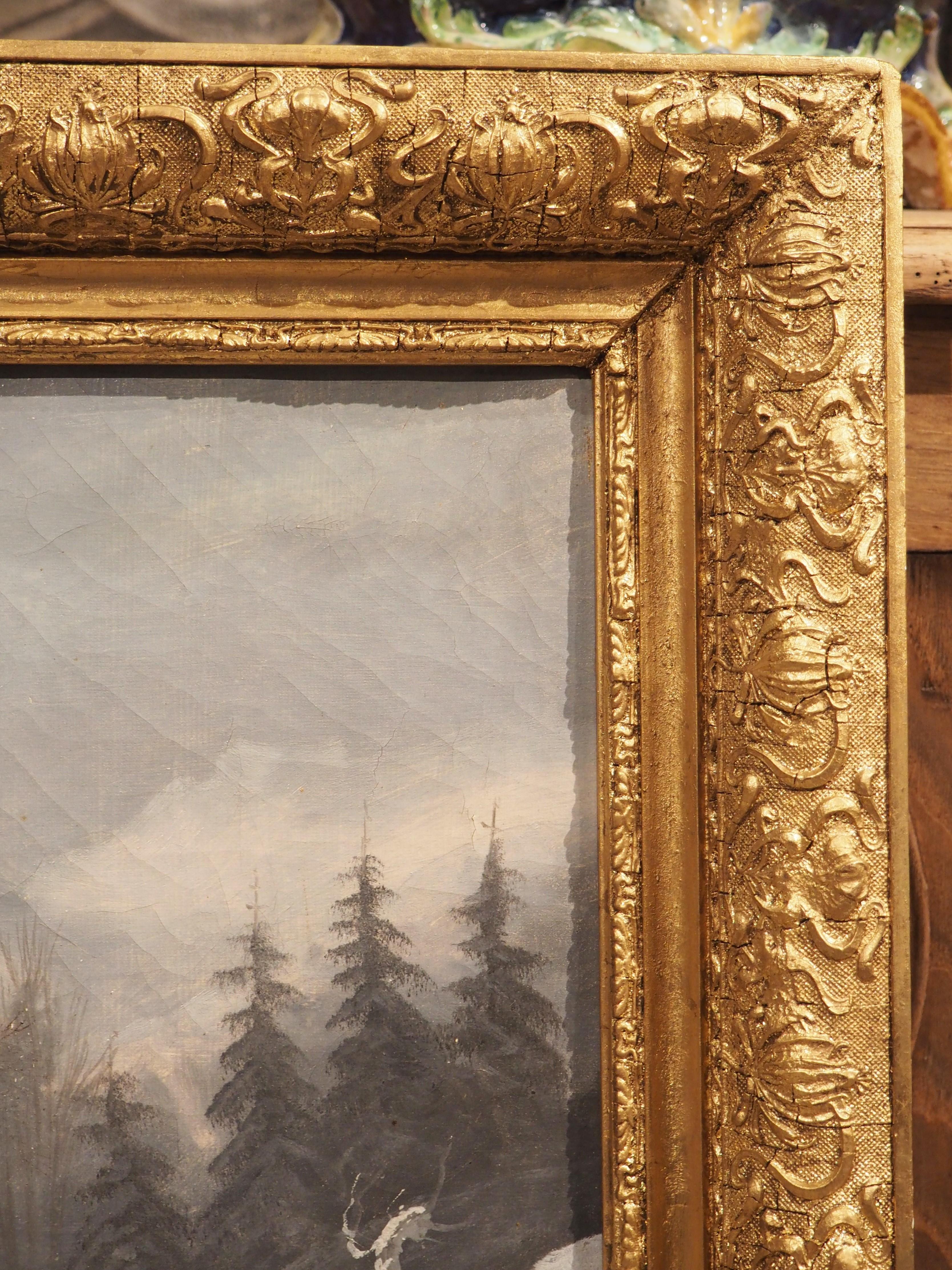 Französische Winterlandschaft des 19. Jahrhunderts, Gemälde in originalem vergoldetem Holzrahmen im Angebot 3
