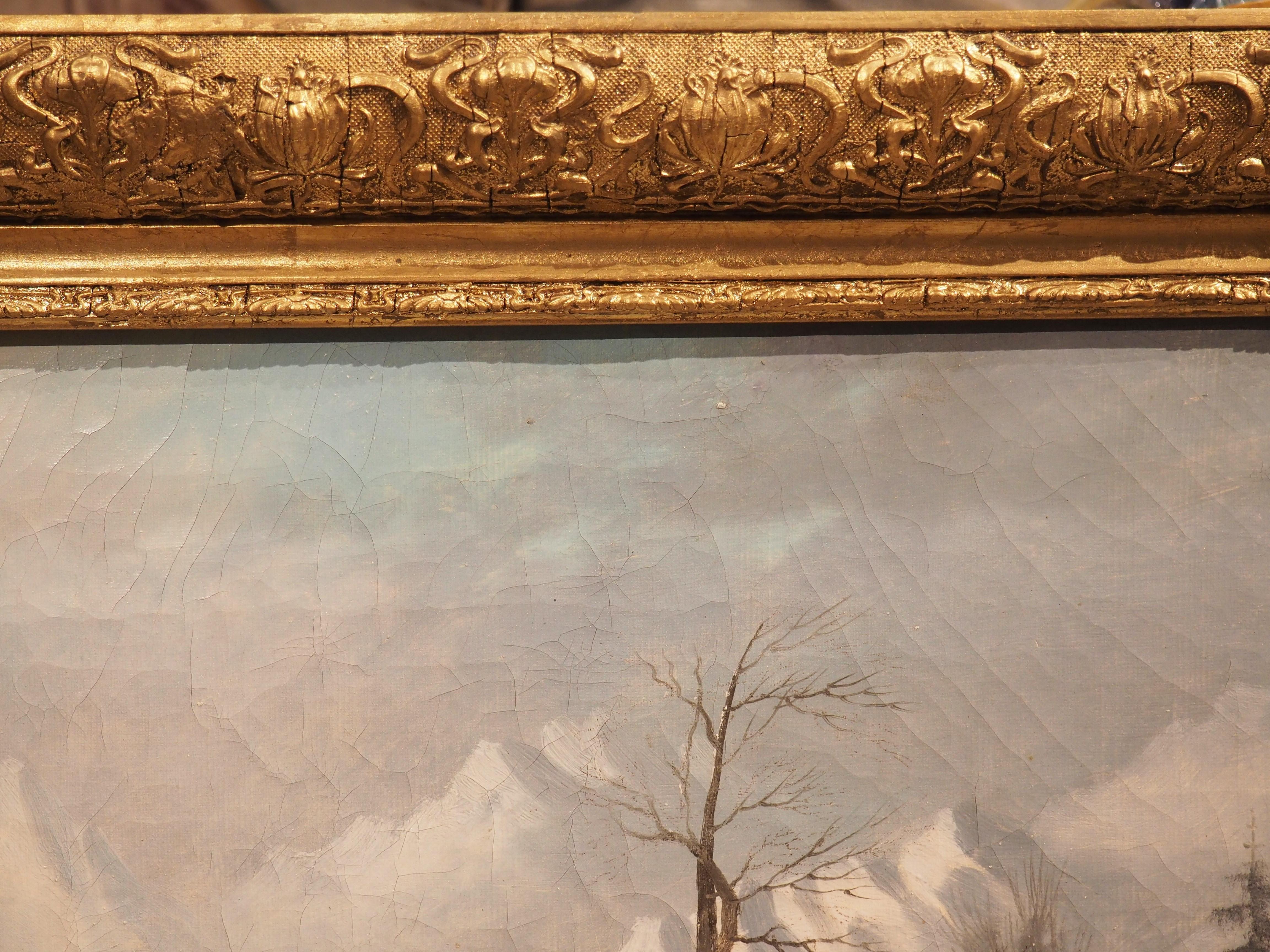 Toile Peinture de paysage d'hiver du 19ème siècle dans son cadre d'origine en bois doré en vente