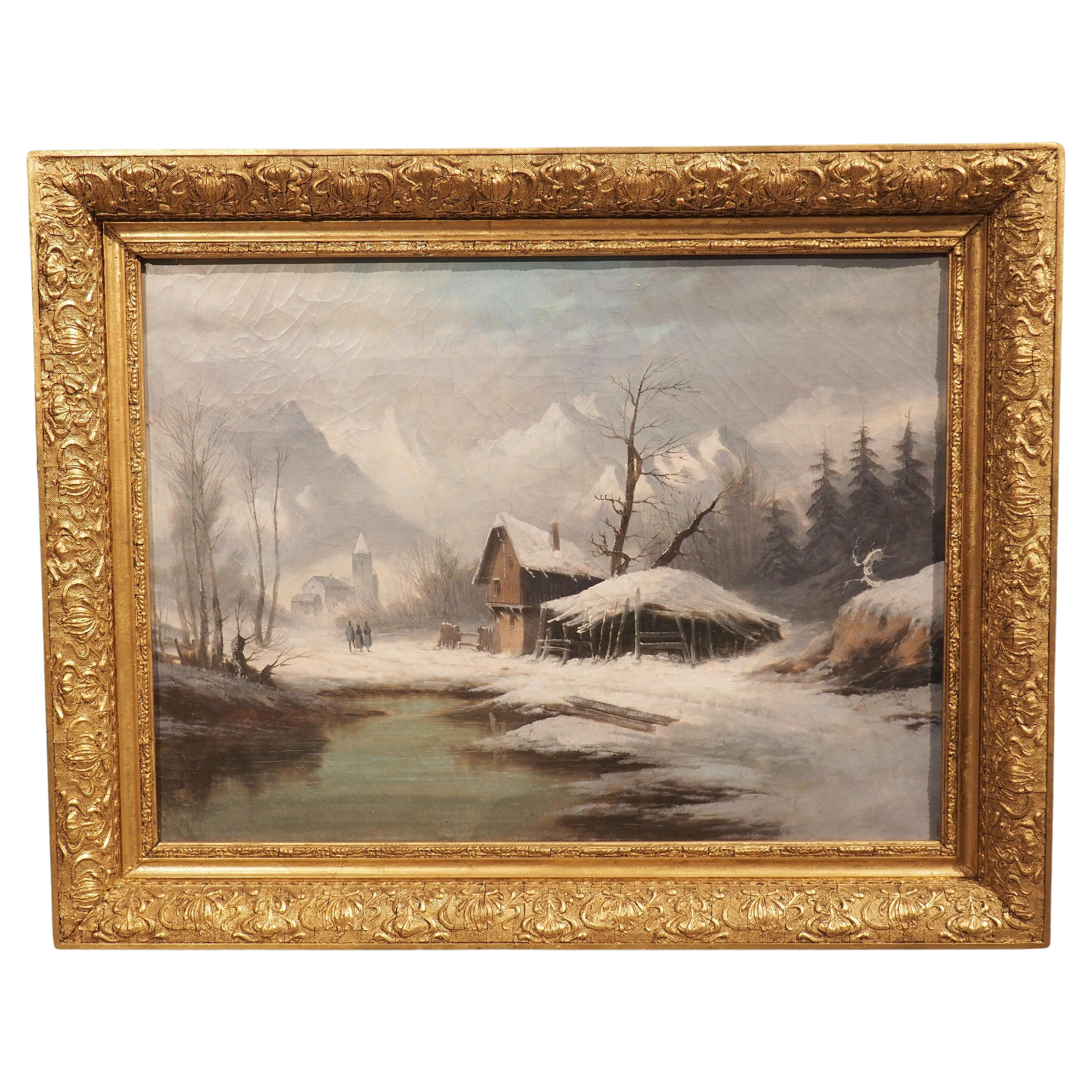 Cuadro francés del siglo XIX Paisaje invernal en marco original de madera dorada