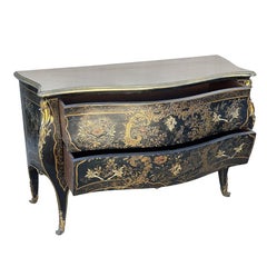 19th Century French with Brass Encroûtement Bombe Shaped Chinoiserie Commode