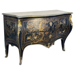 19th Century French with Brass Encroûtement Bombe Shaped Chinoiserie Commode