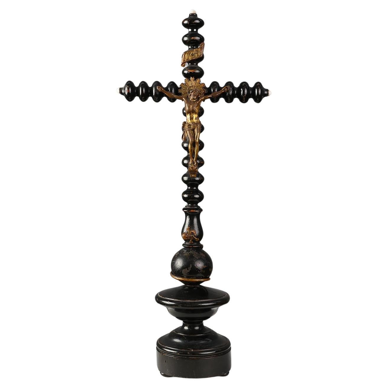 19th century French wood and brass Crucifix