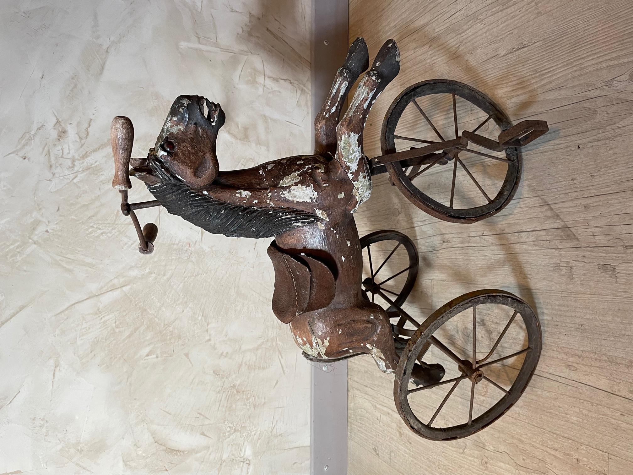 19th Century French Wood and Iron Child Horse Tricycle For Sale 1