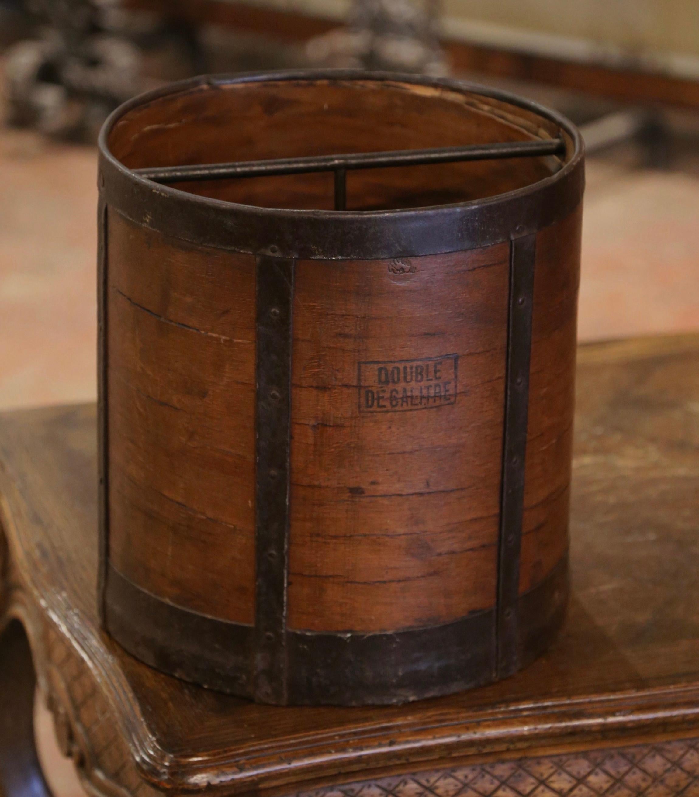 19th Century French Wood and Iron Grain Measure Bucket or Waste Basket In Good Condition For Sale In Dallas, TX