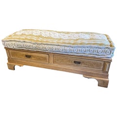 Antique 19th Century French Wood Banquette Bench with Cotton Cushion and Storage
