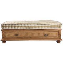 Antique 19th Century French Wood Banquette Bench with Cotton Cushion and Storage